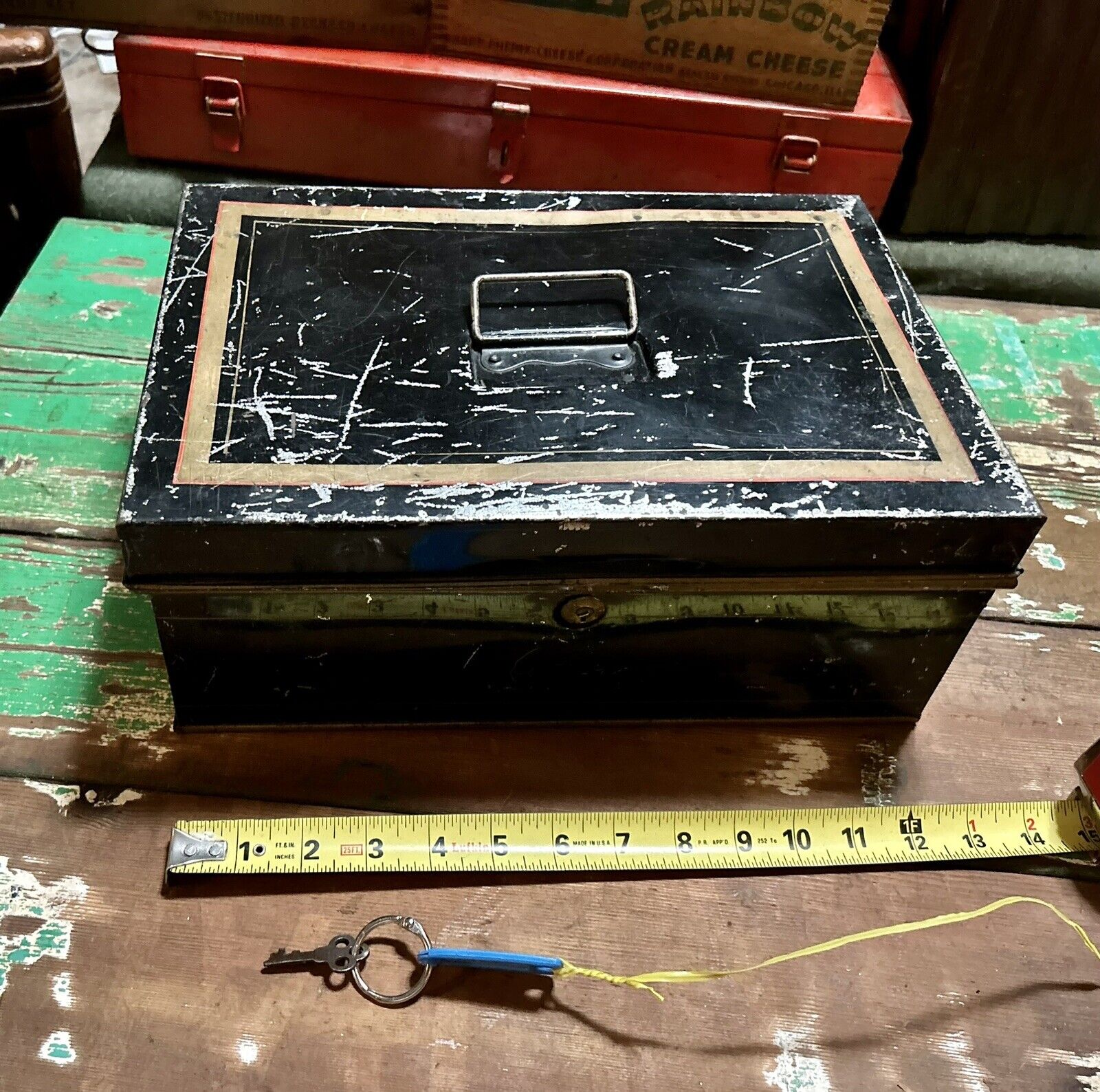 Vintage Old Black Tin Lock Box w/ Skeleton Key