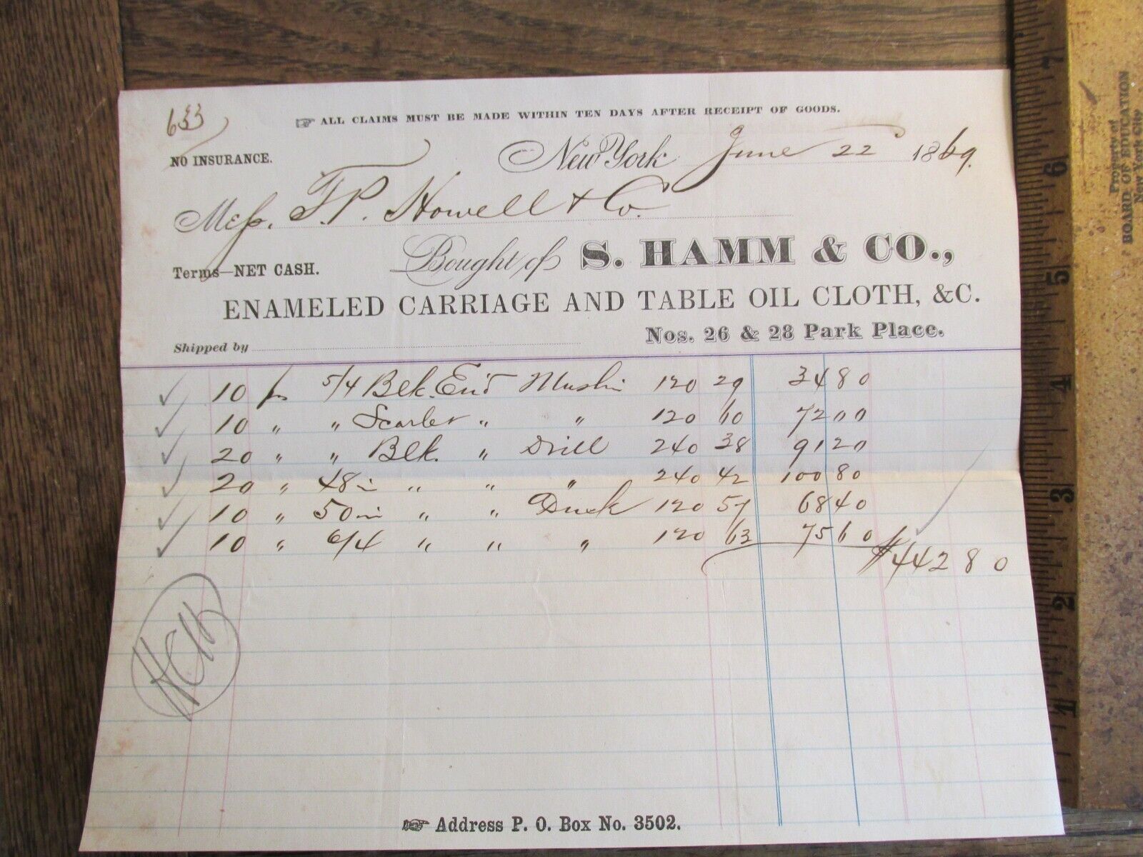 Antique Ephemera Document 1869 Billhead New York S Hamm Carriage Table Oil Cloth