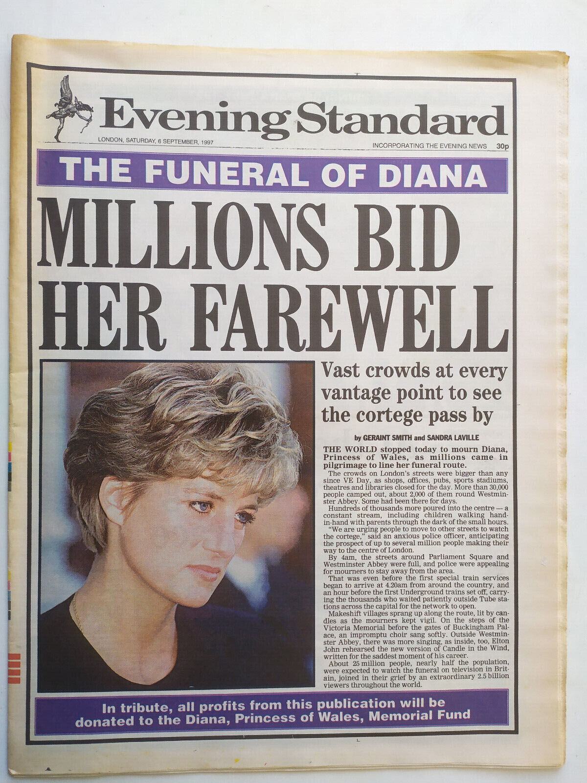 London Evening Standard Newspaper 6th September 1997 The Funeral of Diana