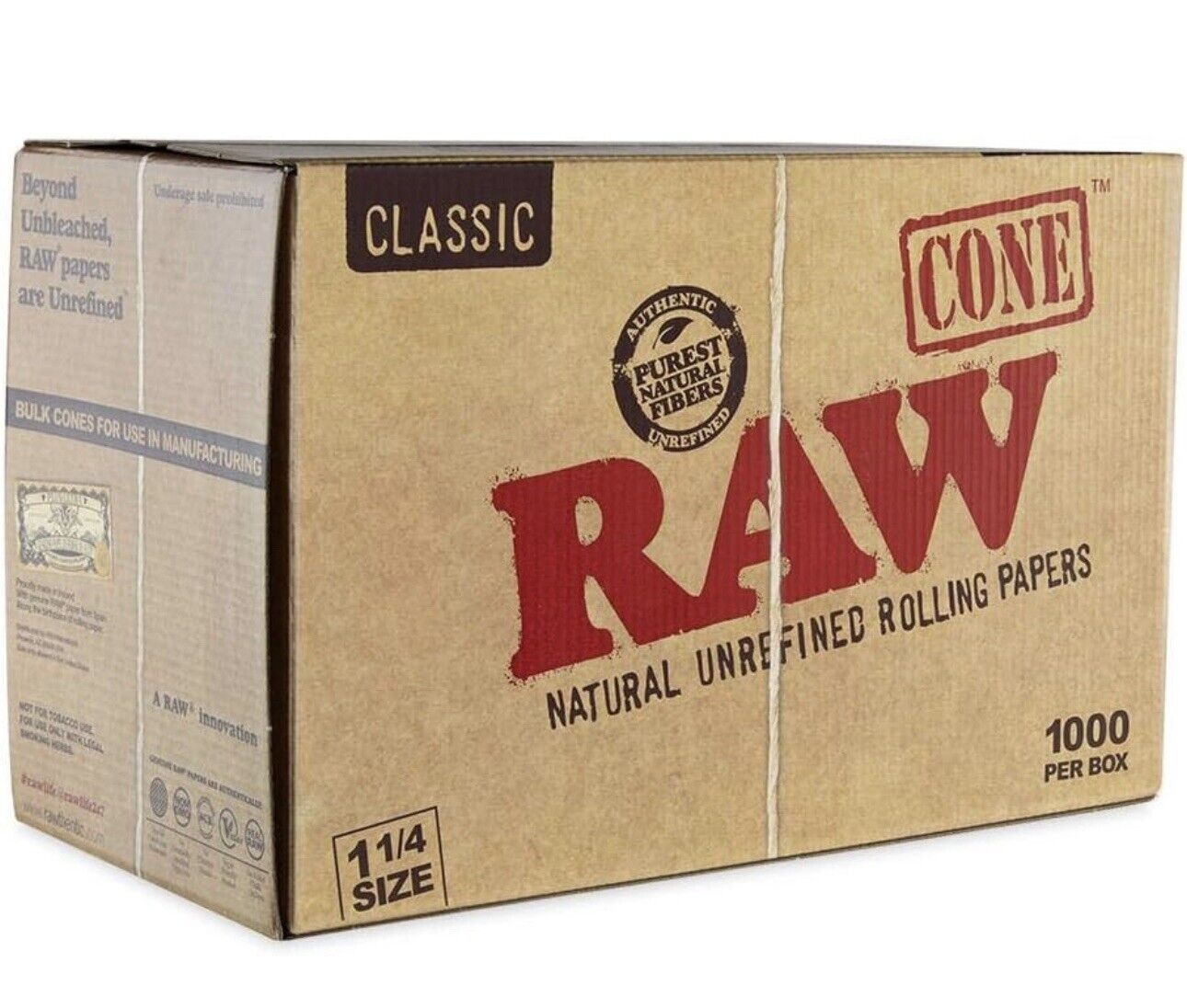 RAW Cones Classic 1 1/4 1000 Count Box-Free Shipping