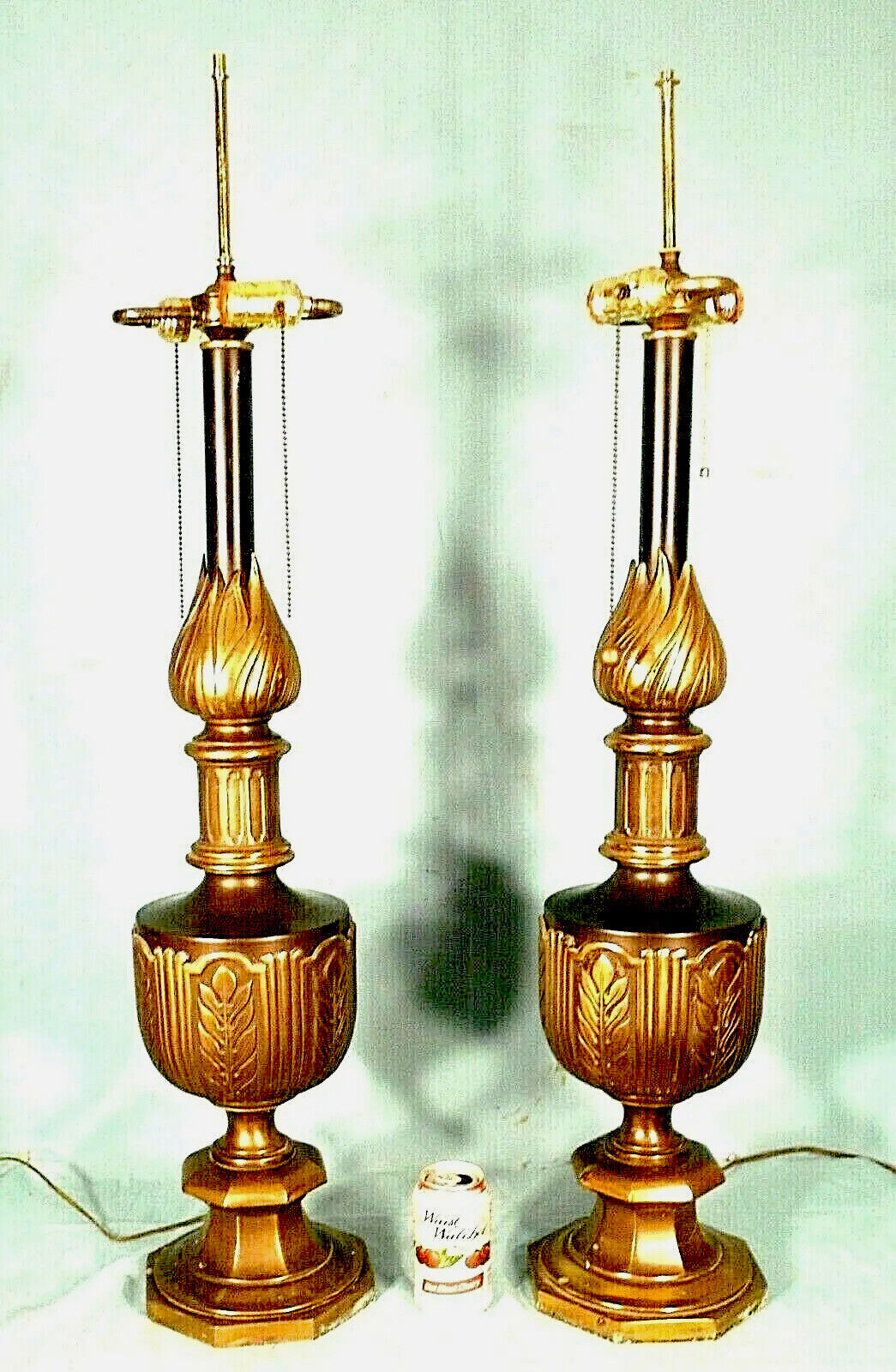MONUMENTAL PAIR OF MID CENTURY CLASSICAL FLAME TOP URN LAMPS
