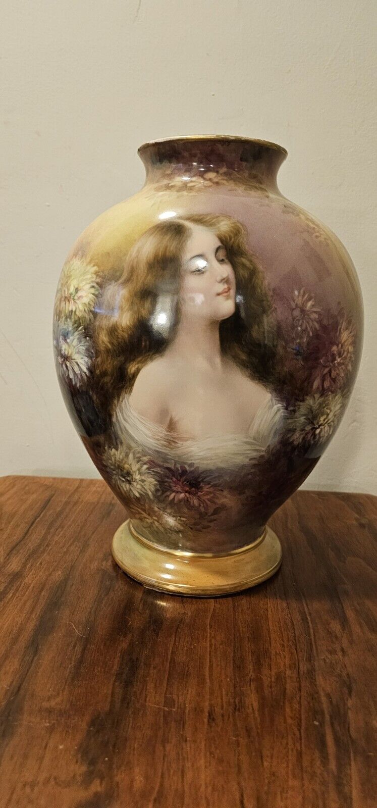 Victorian Antique German Hand-Painted Porcelain  Vase, Lady Signed 
