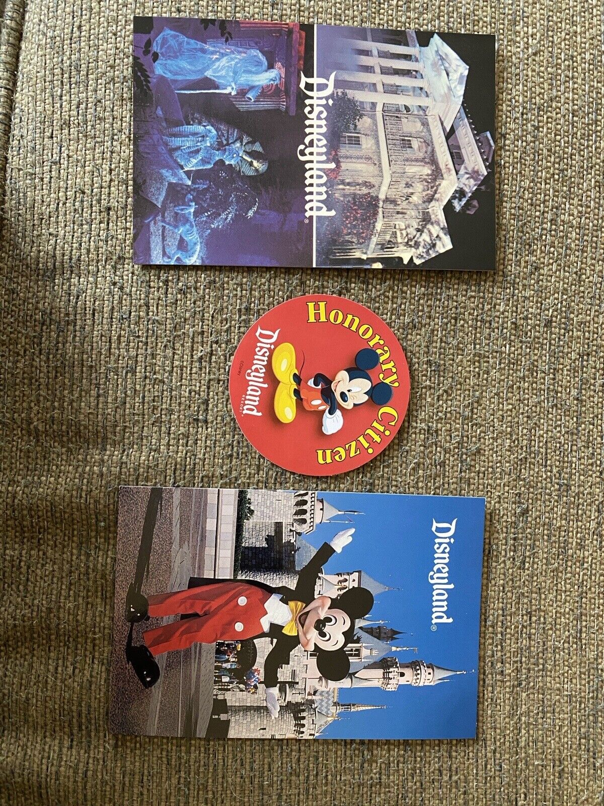 Two Disneyland Postcards And Unused Disneyland Honorary Citizen Sticker