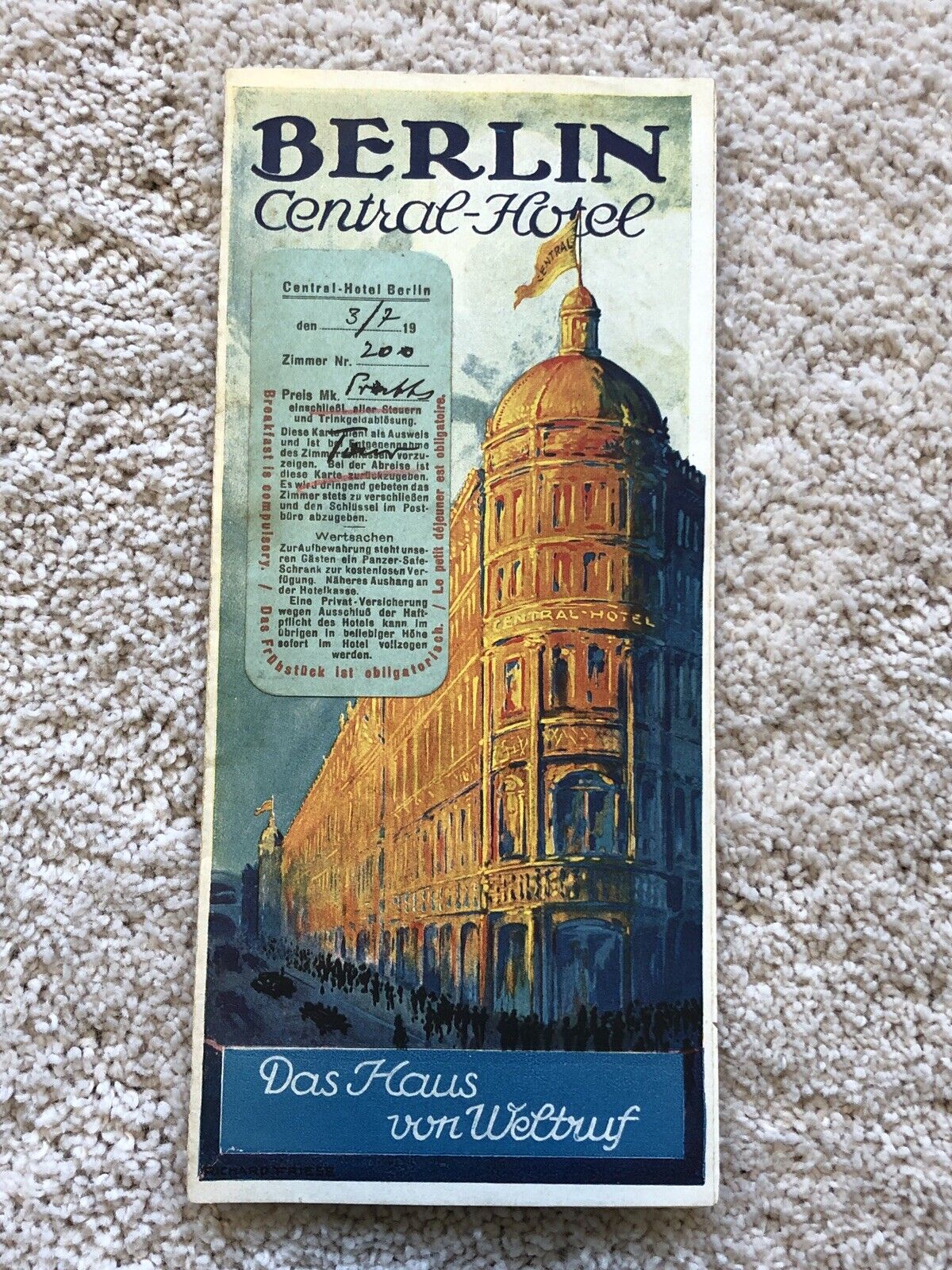 Antique 1919 Berlin Central Hotel Brochure Germany w/ Check-in Stub