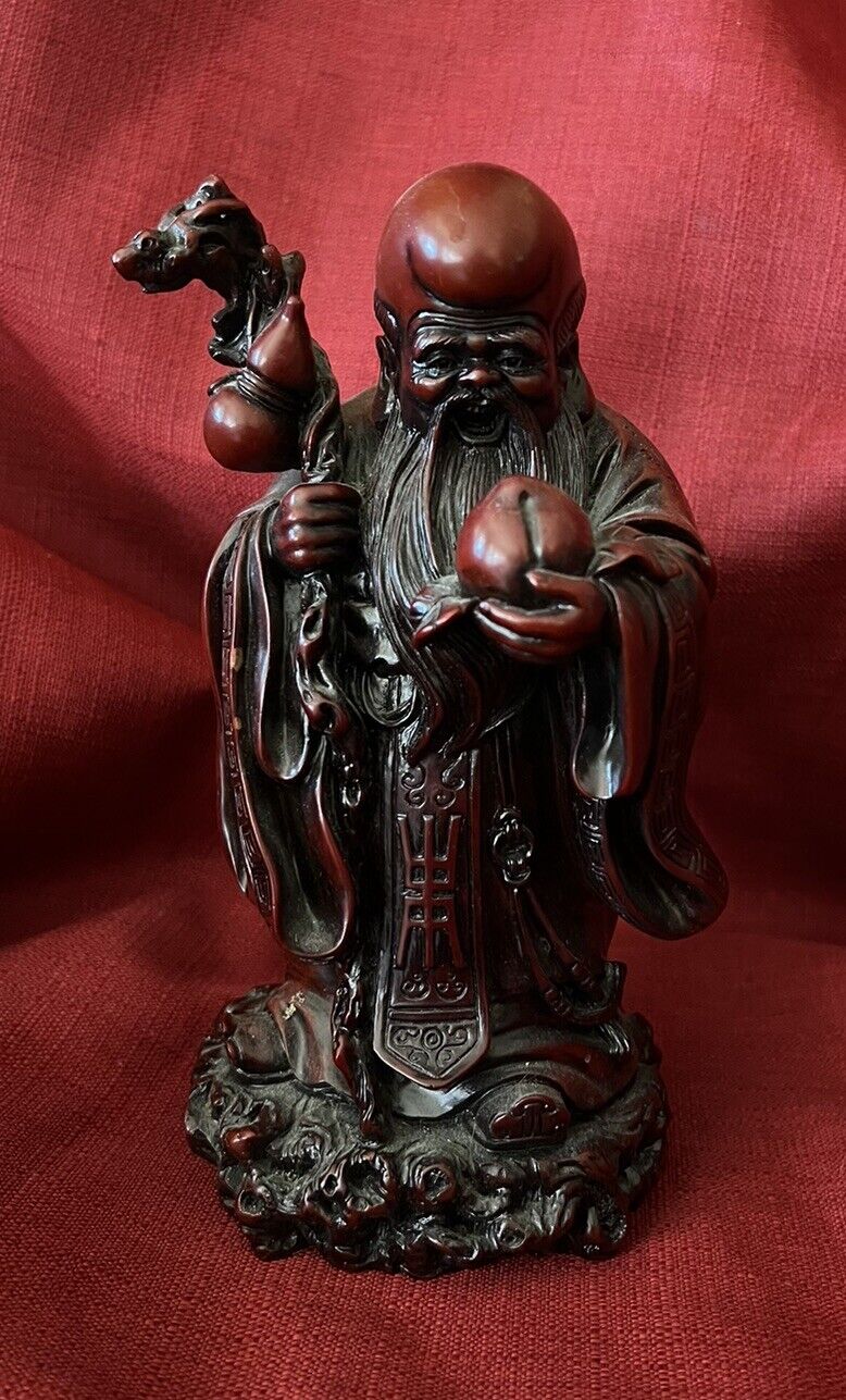 Shou Lau Shou Xing Red / Brown Resin Statue Figurine God of Longevity Vintage
