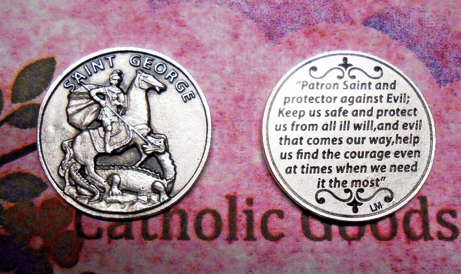 St. Saint George with Prayer - Silver tone  Pocket Coin 