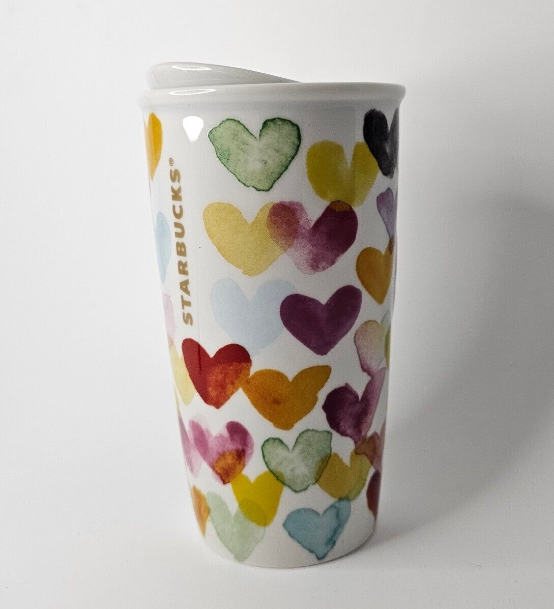 Starbucks Watercolor Hearts Ceramic Tumbler 10 oz 2015 Travel Mug Original Lid