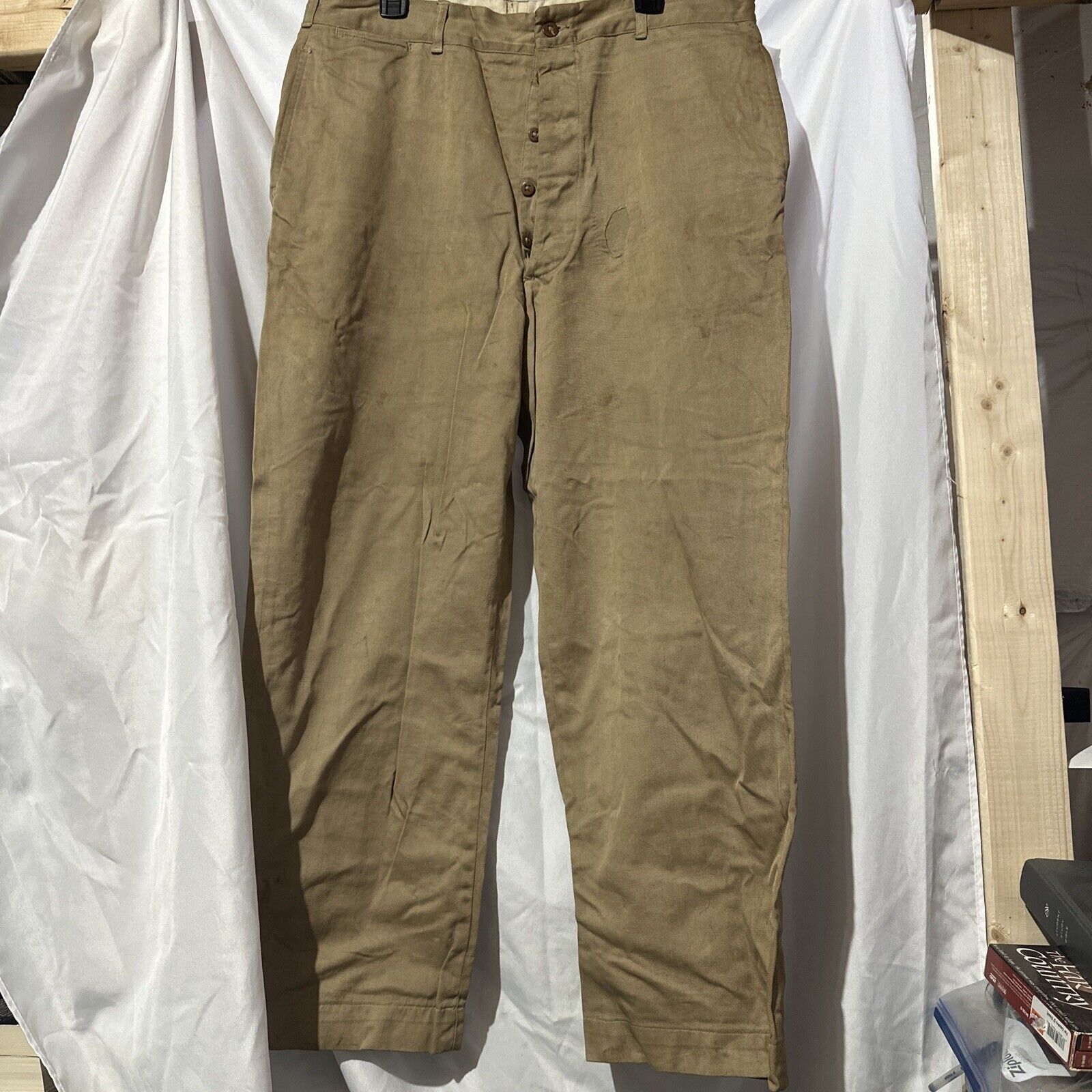 Vtg 40s WWII Pants Mens 38x29 Brown US Army Khaki Button Fly Chino Trousers WW2