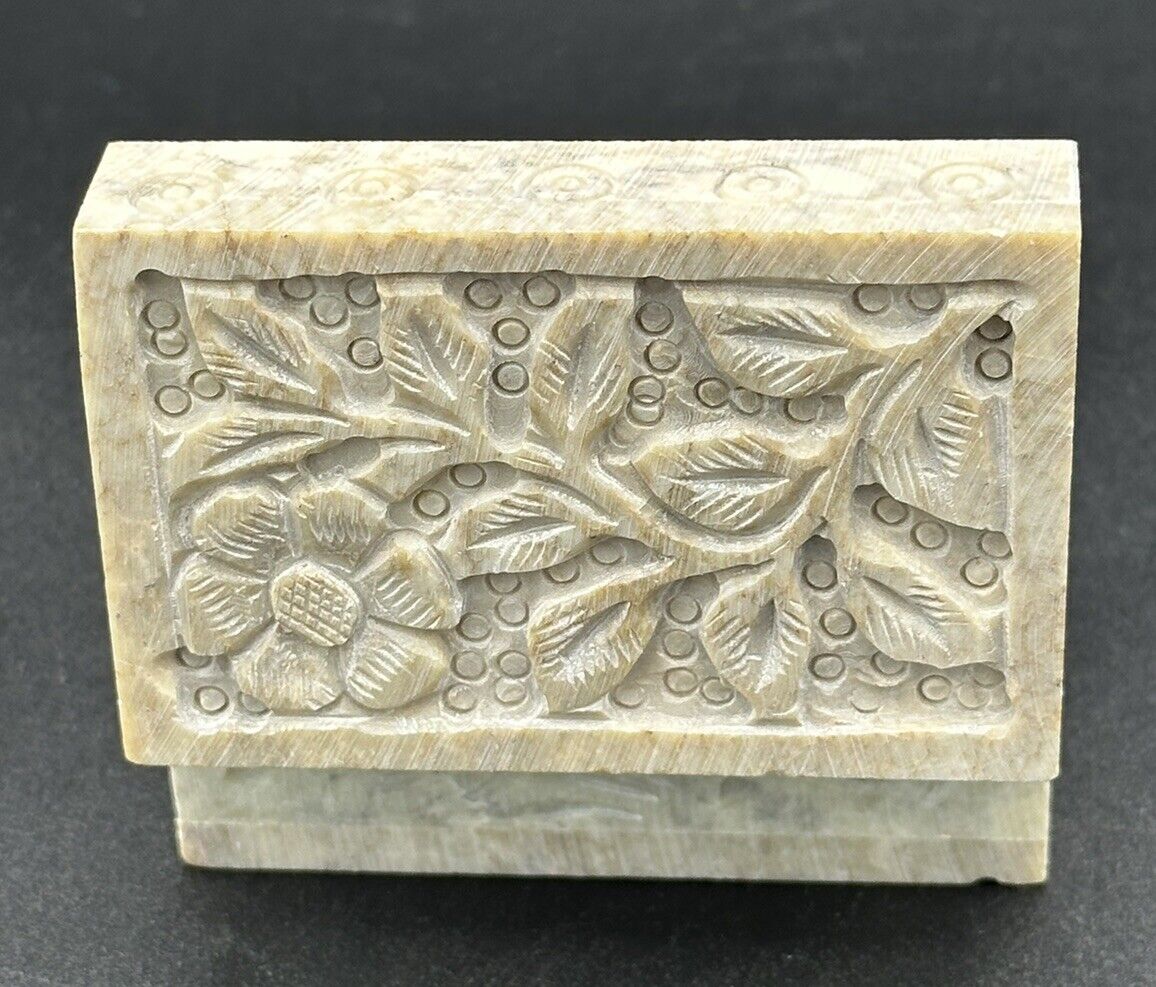 VTG Carved Stone Floral Trinket Box Rectangular 3 X 2 X 2 Inches Cream Color