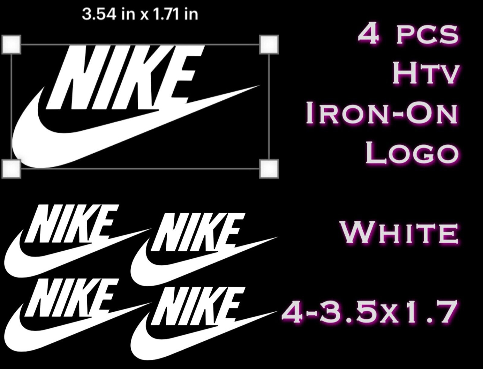 4pc Lot Iron On White HTV Nike Name Brand Tic 3.5x1.7” 🤍 Easy To Apply DIY x4