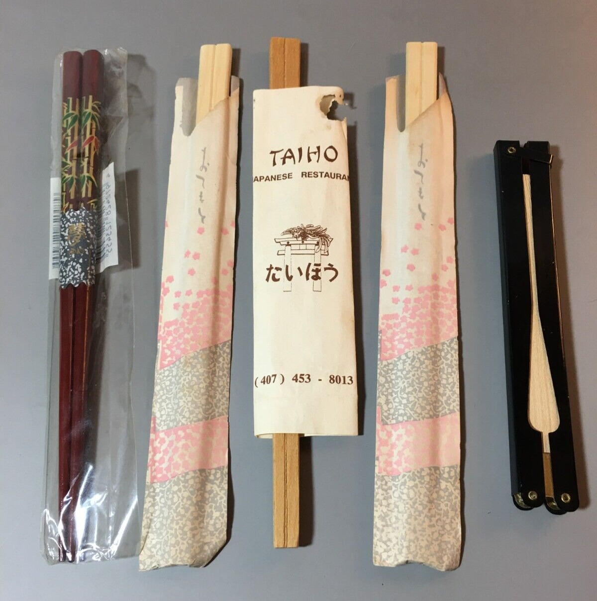 Lot - Chopsticks Enamel & Wood /  Vintage Metal Folding Fan