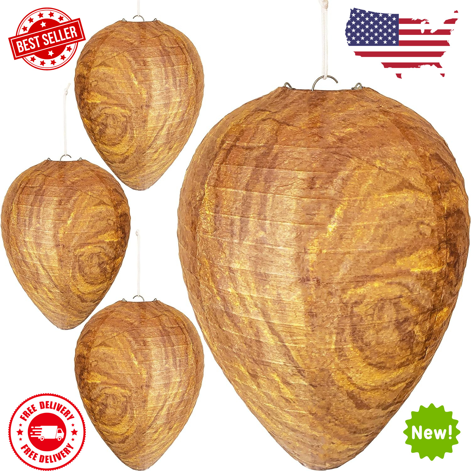 4 Pack Wasp Nest Decoy - Hanging Fake Wasp Nest  Bee Repellent Outdoor Hanging