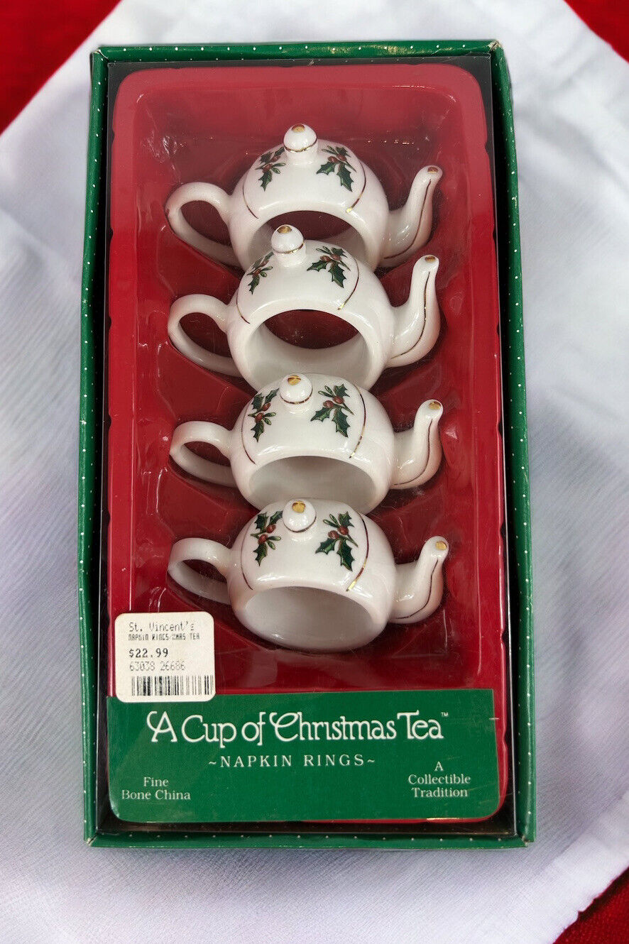 Lot of 3 Set of 4 Fine Bone China “A Cup of Christmas Tea” Napkin Rings C14 NOS