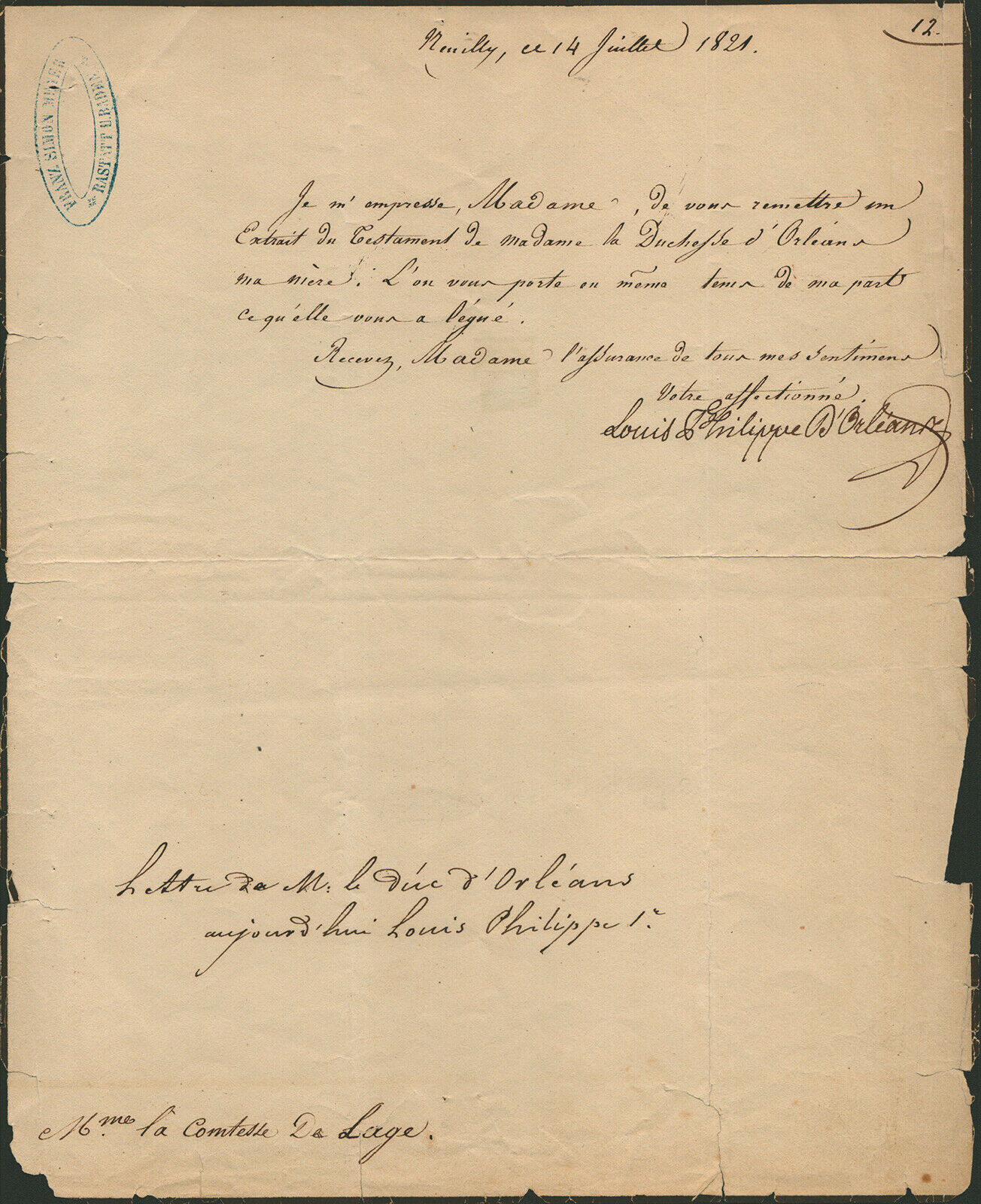 KING LOUIS PHILIPPE (FRANCE) - MANUSCRIPT LETTER SIGNED 07/14/1821