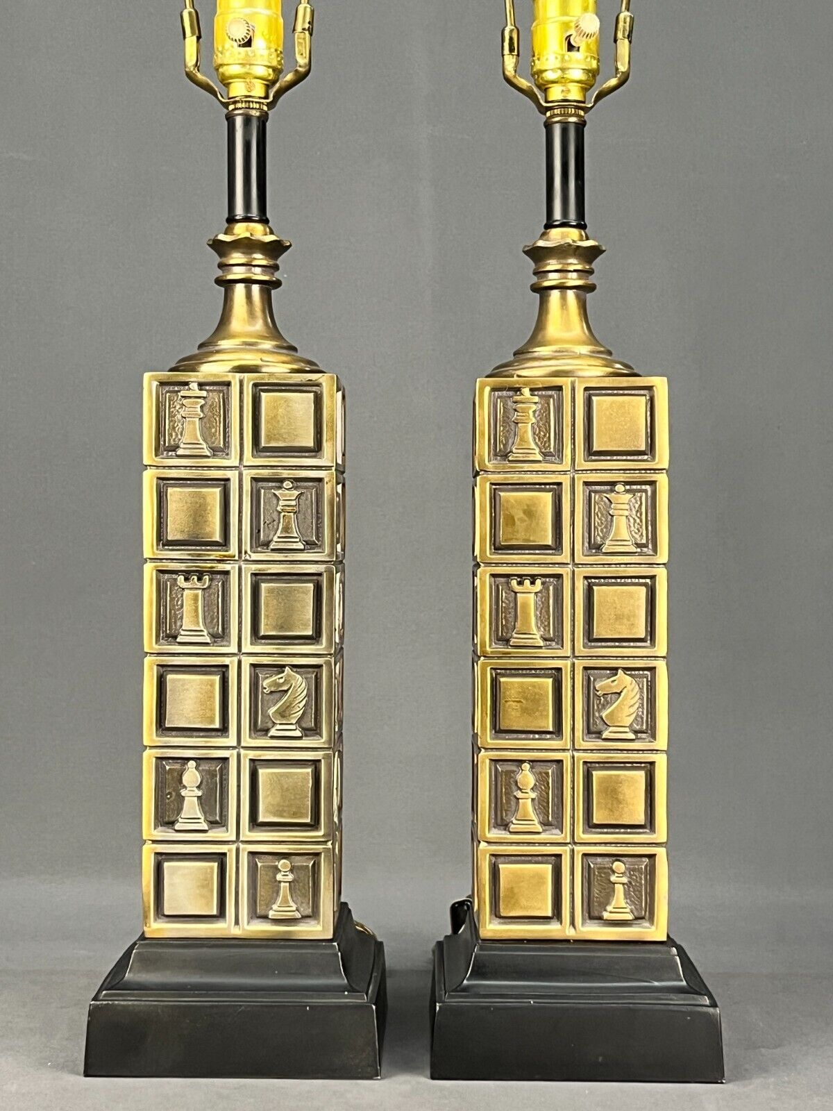 Pair of Vtg Brass Chess Piece Table Lamps by Laurel Lamp Company; 1960s