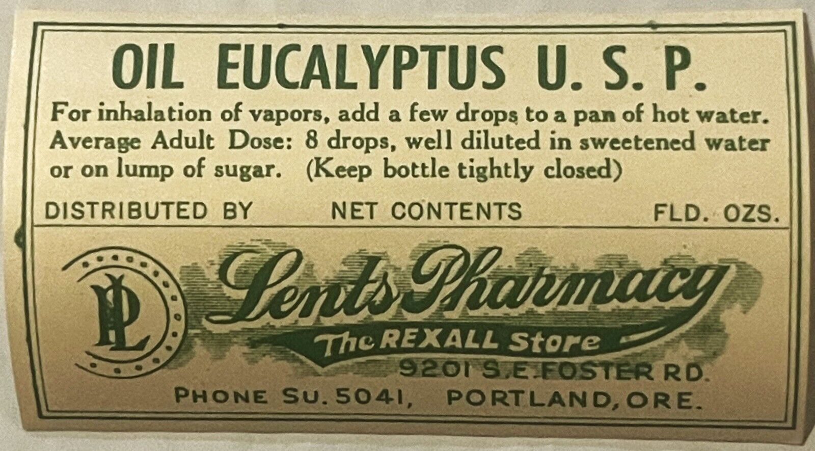 Rare Vintage 1930s Oil Eucalyptus Label, Lents Pharmacy, Portland, OR, Historic