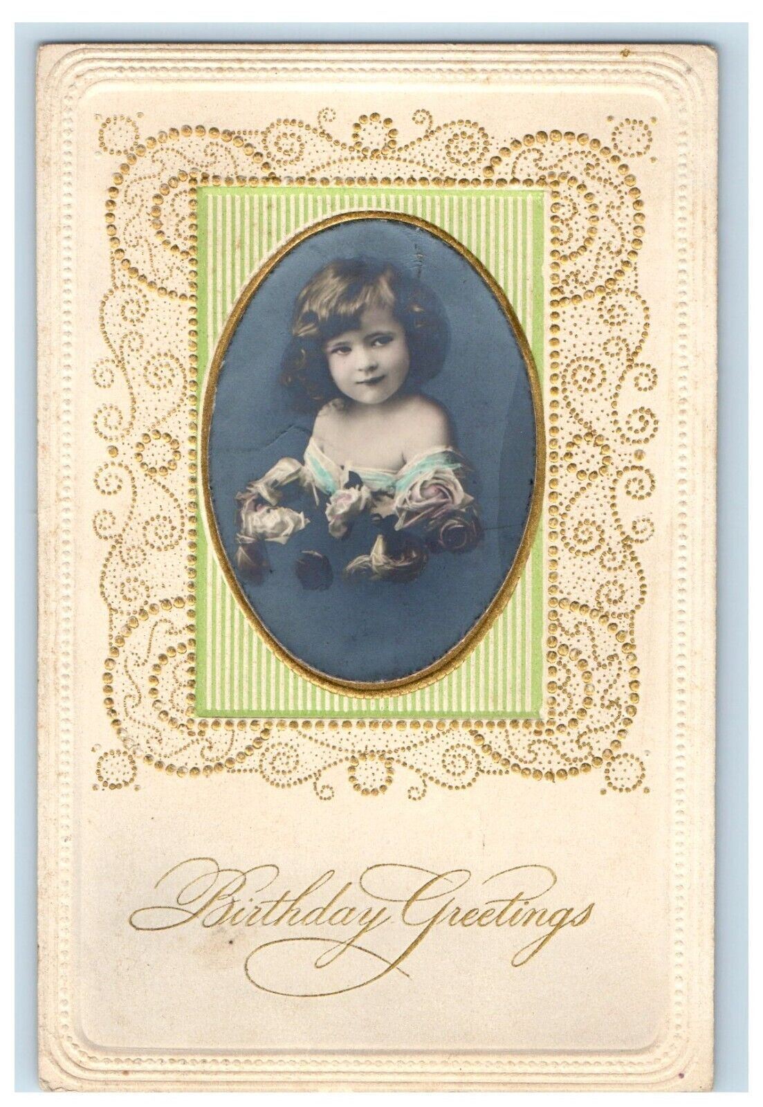 c1910\'s Birthday Greetings Cute Little Girl Roses RPPC Photo Embossed Postcard