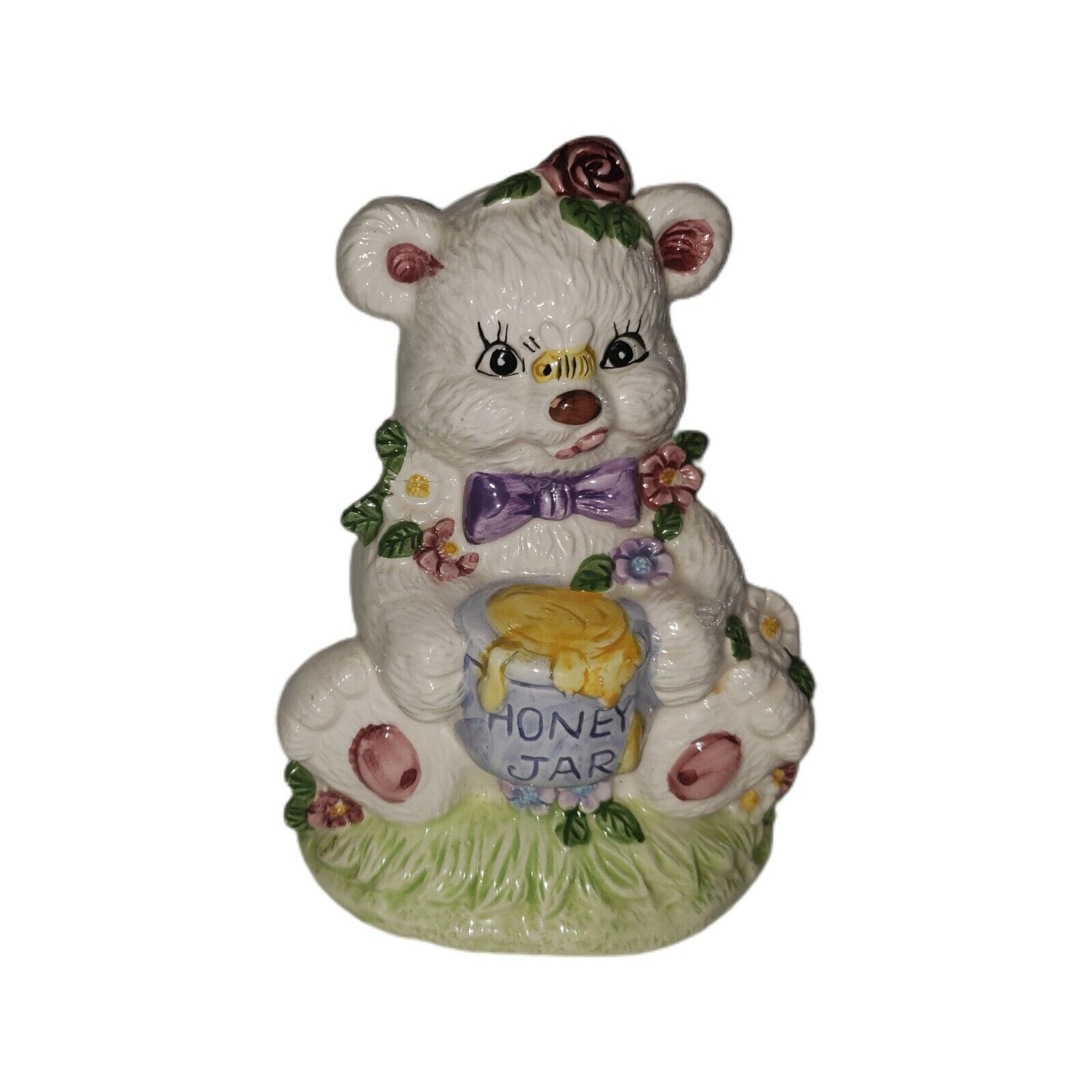 Vintage Loomco Ceramic Bear Figurine 1991 White Honey Jar Bee Rose Bow Tie 