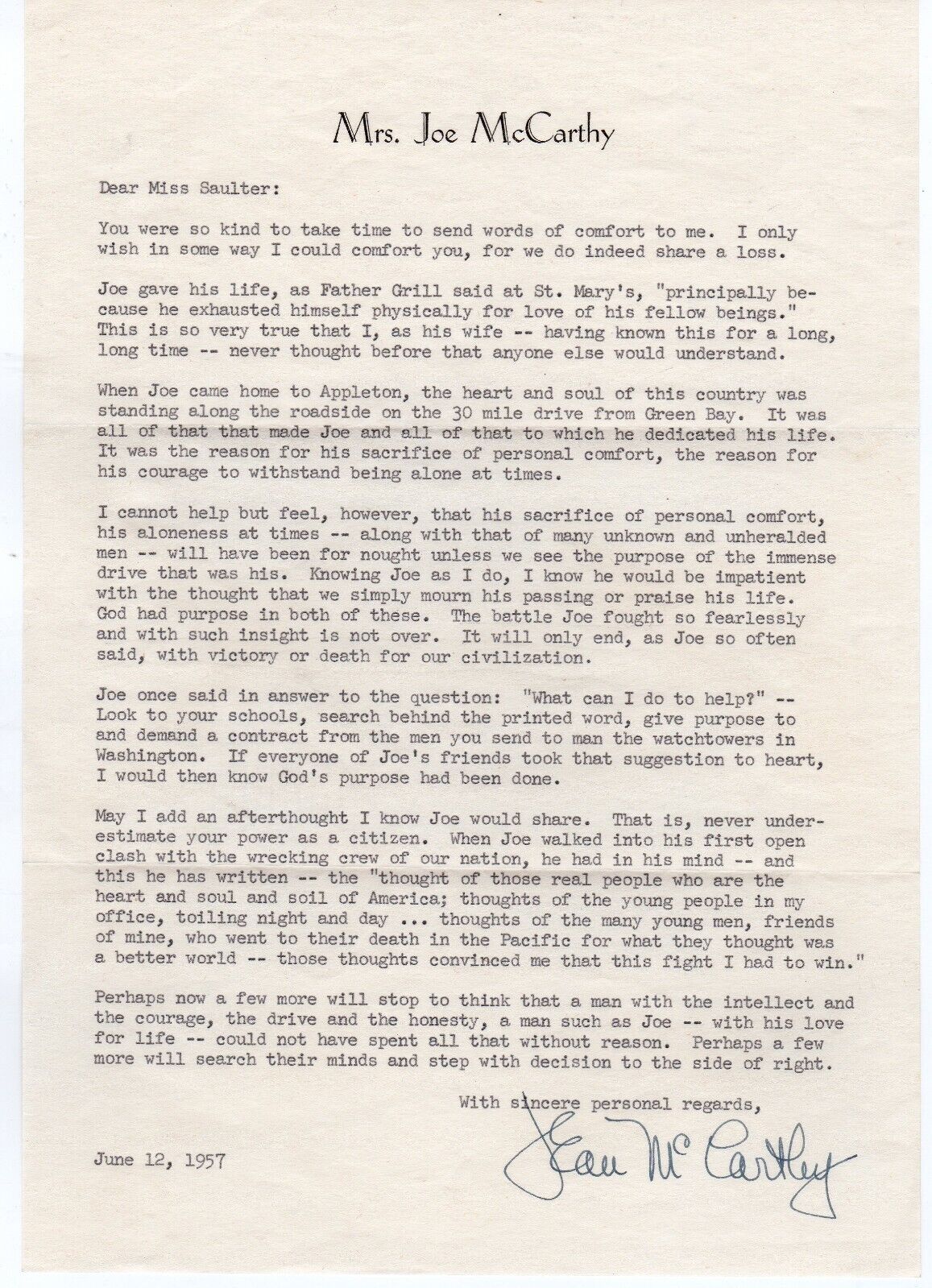 1957 Letter Mrs. Joe McCarthy, Shortly After His Death