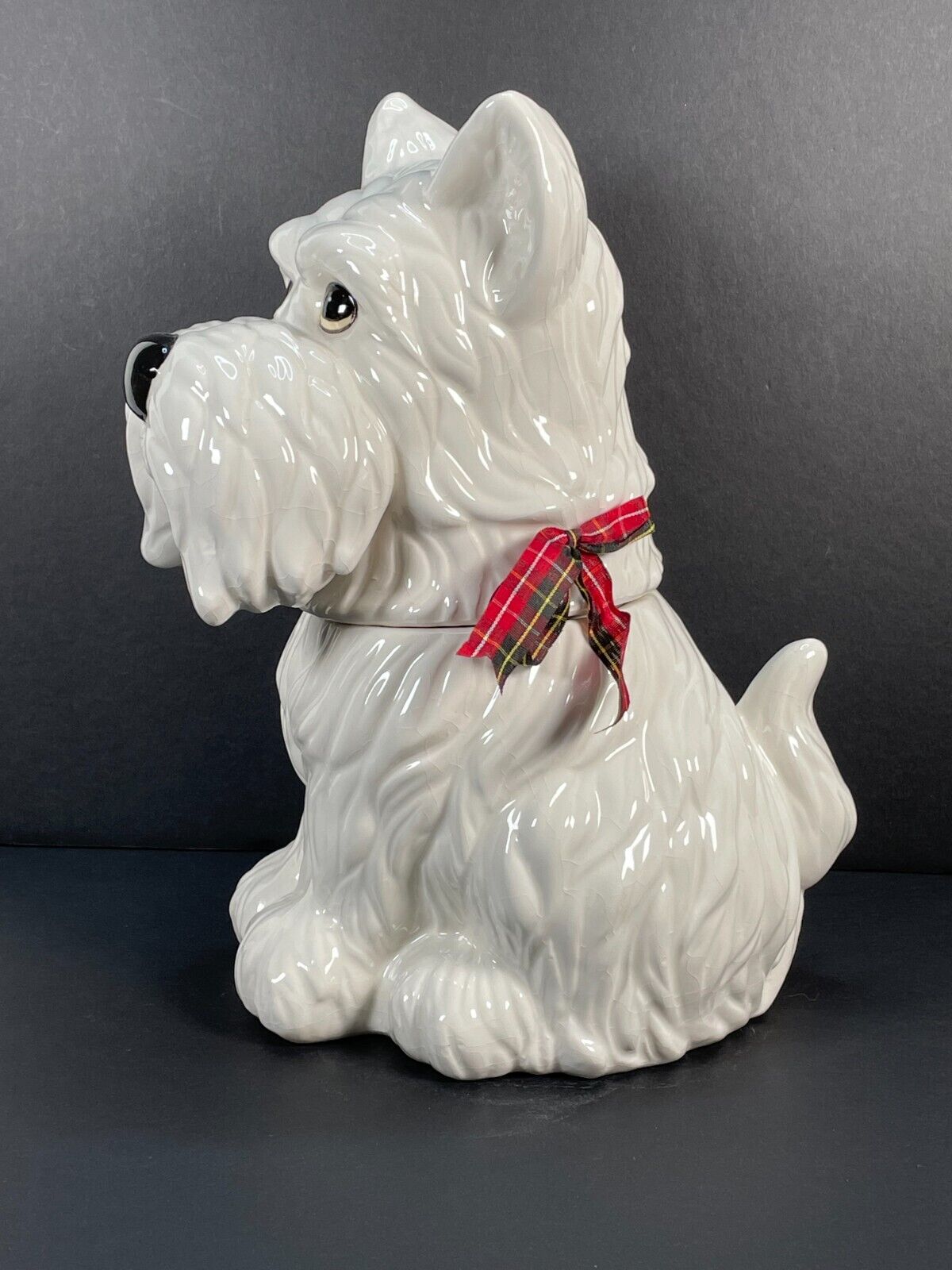 Sleigh Bell Bistro White Scottie /  Westie Dog Holiday Ceramic Cookie Jar 11.5\