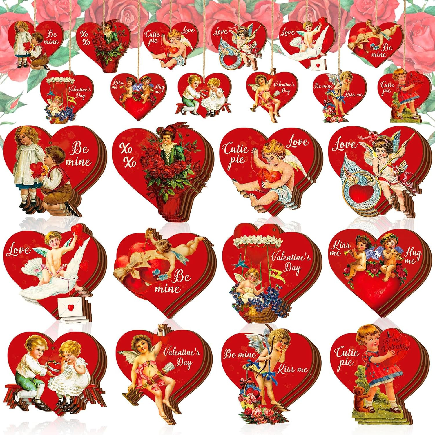 Anglechic 36 Pcs Vintage Valentine Ornaments Wooden Tree Ornaments Angel Heart L