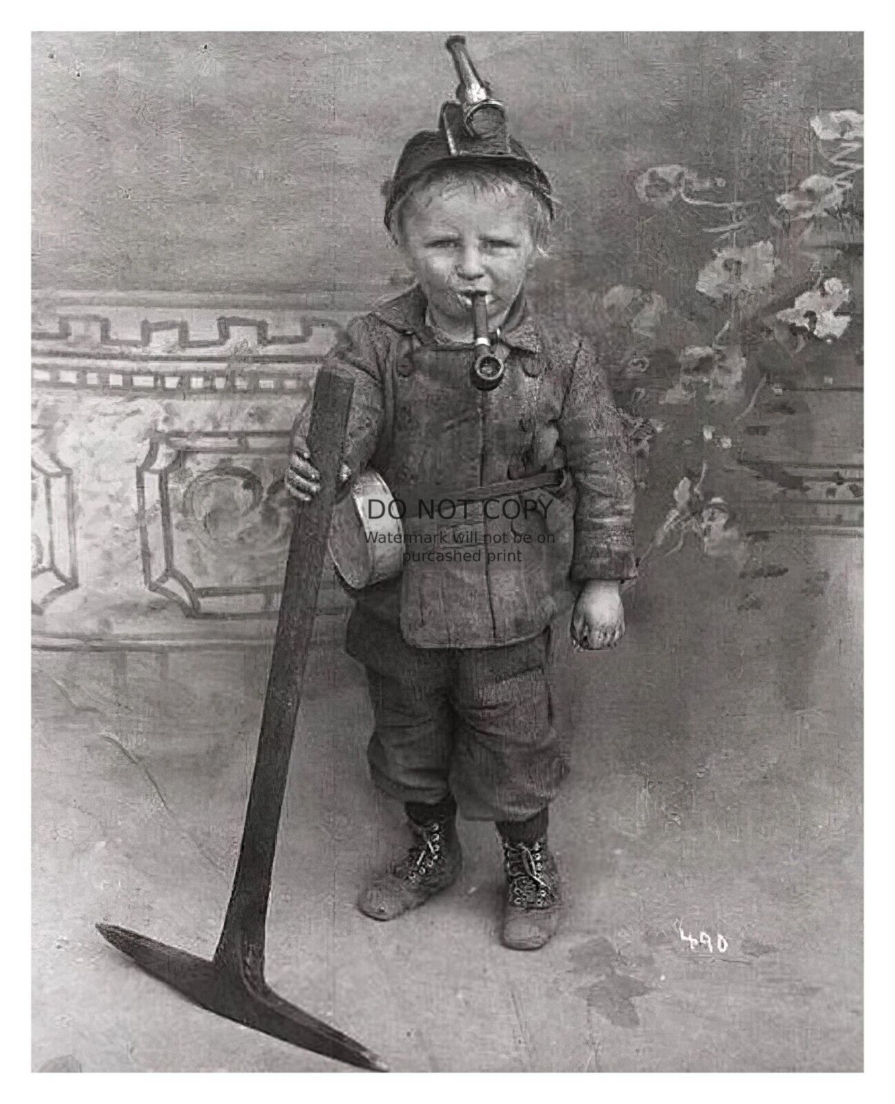 CHILD COAL MINER 8 YEARS OLD SMOKING PIPE HOLDING PICKAXE FREAK 8X10 PHOTO