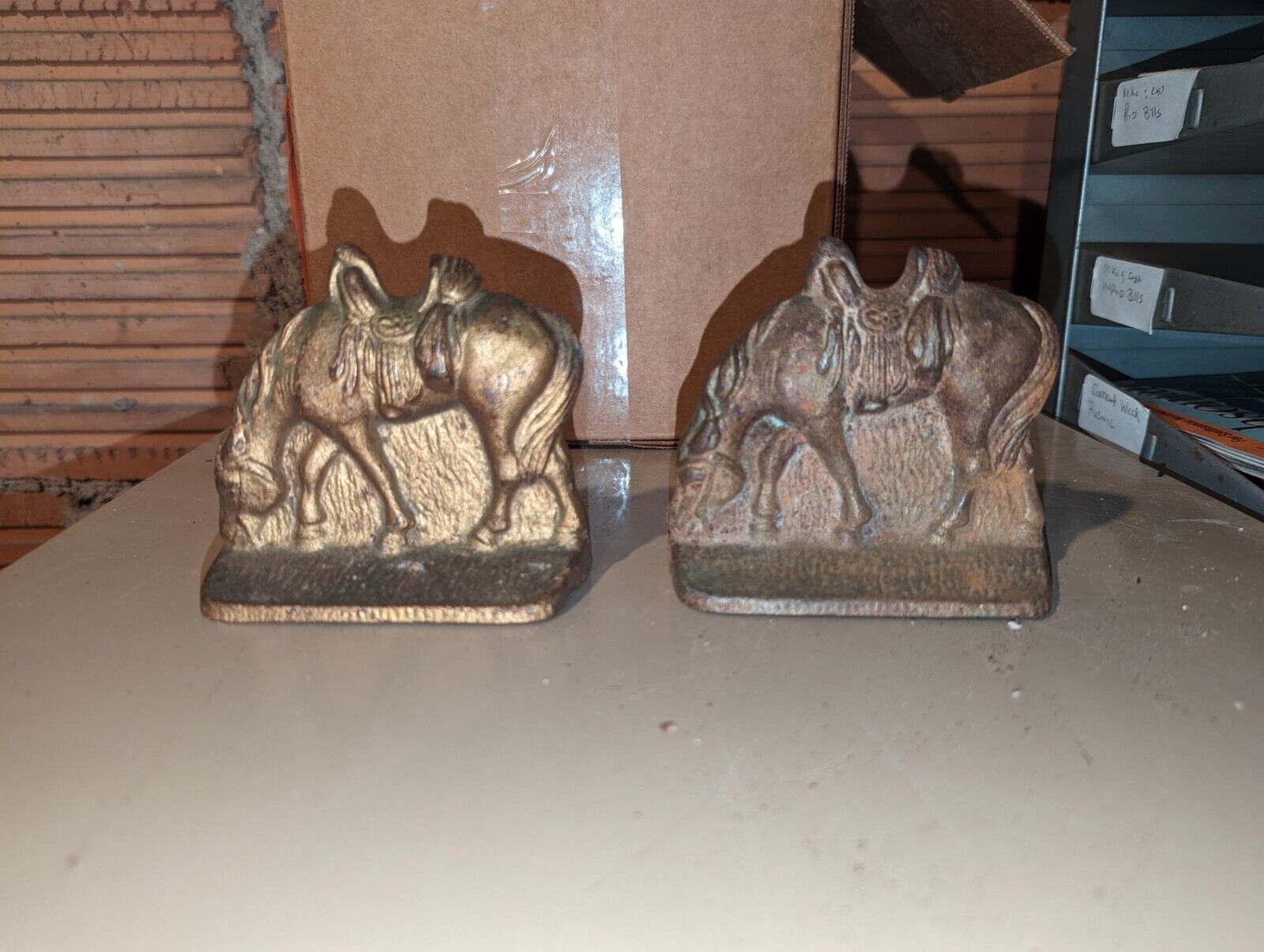 Vintage Pair Cast Iron Bronze Brass Finish Bookends, Saddled Horses