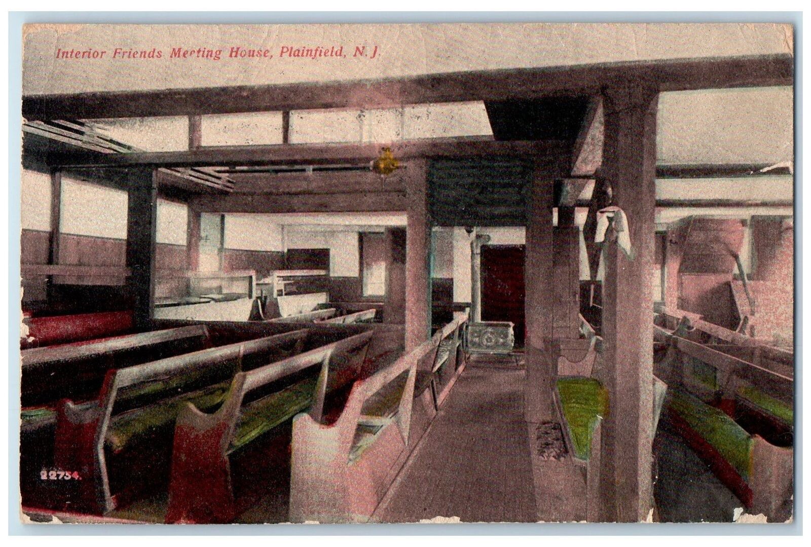 1908 Interior Friends Meeting House Long Bench Plainfield New Jersey NJ Postcard