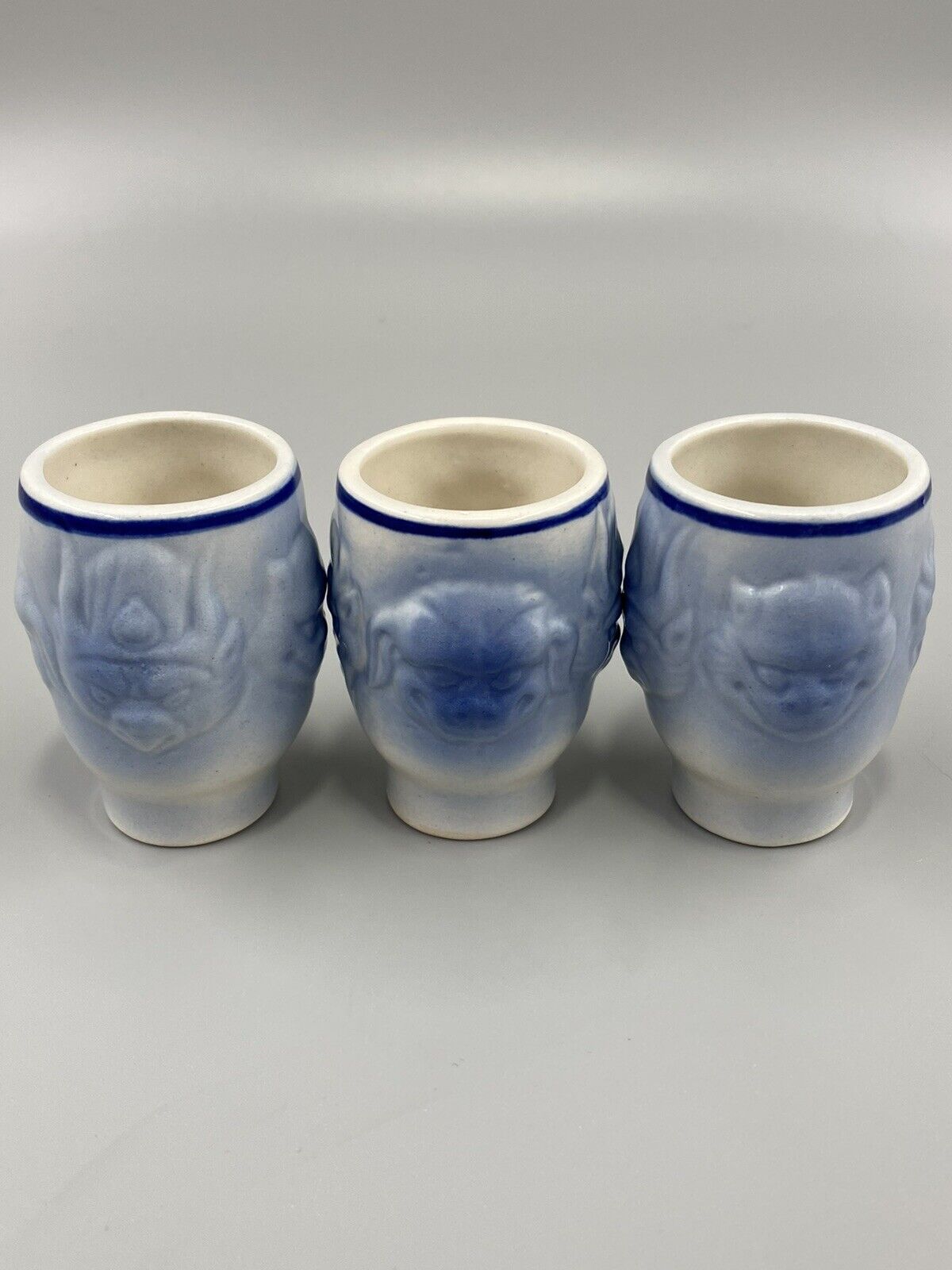 3 Rare 2.5” Saki Cups Blue Asian Dragon Faces Design - Shot Glasses Tea Cups HTF