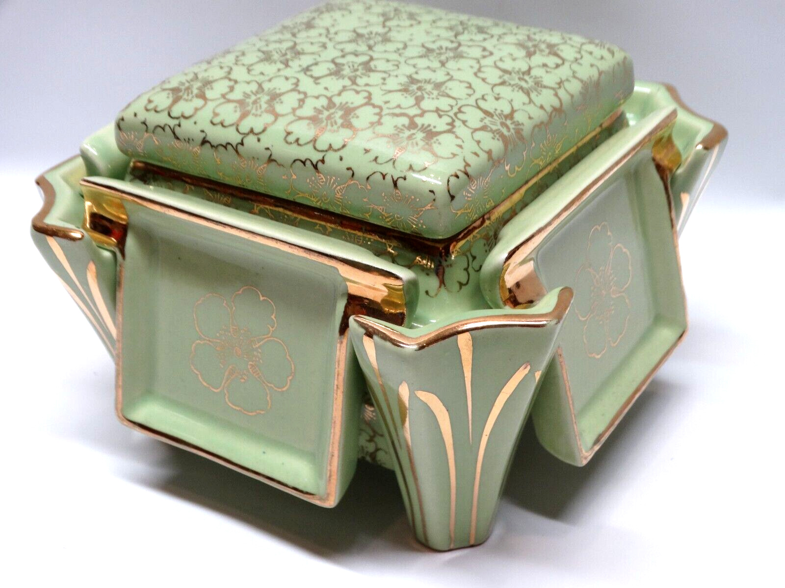 Vtg 1920s Keystone China Cigarette Box with 3 Ashtrays 22kt Gold Floral Design