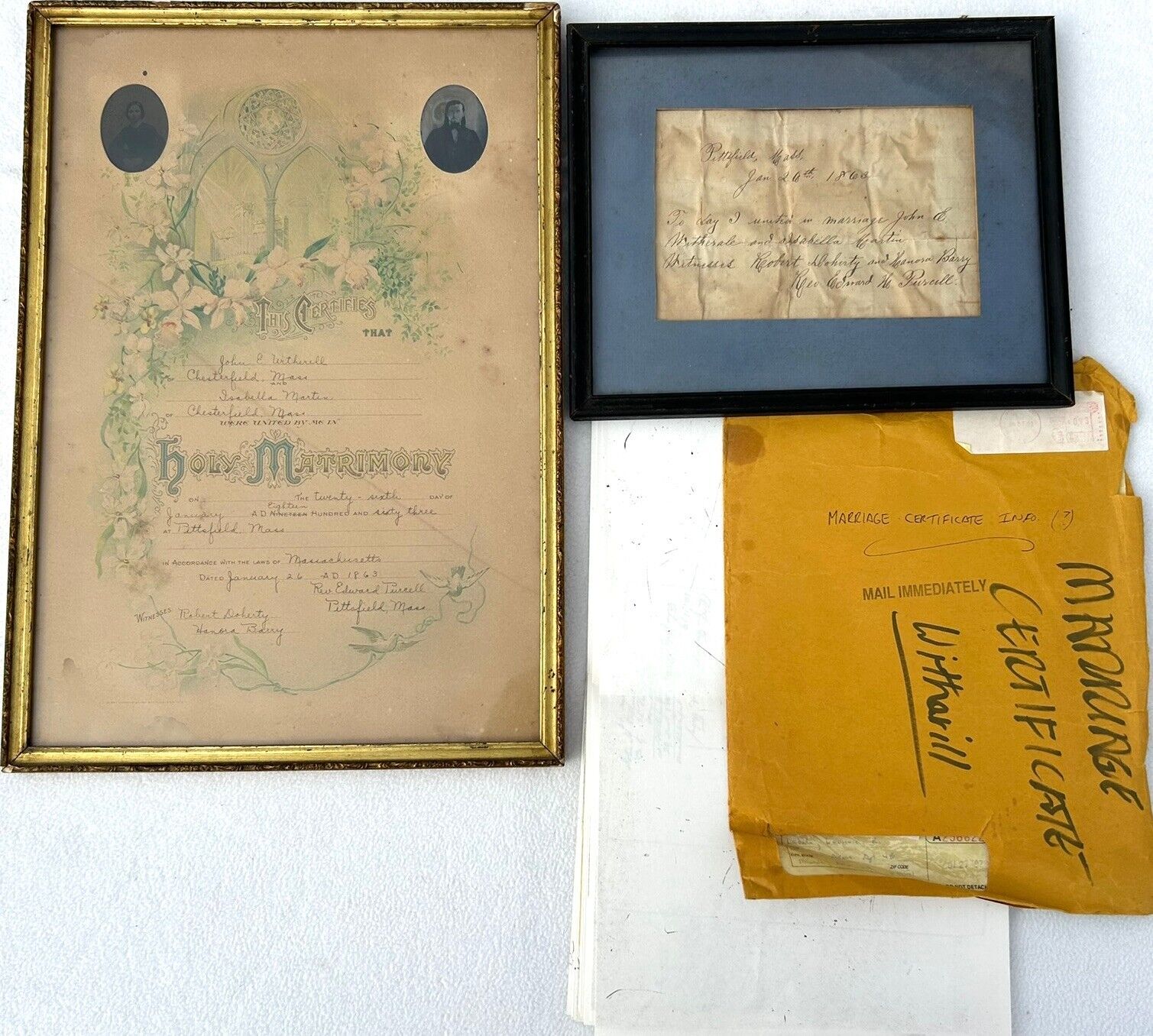 Antique Civil War Soldiers Marriage Certificate w/ Tin Type, Affidavit & Papers