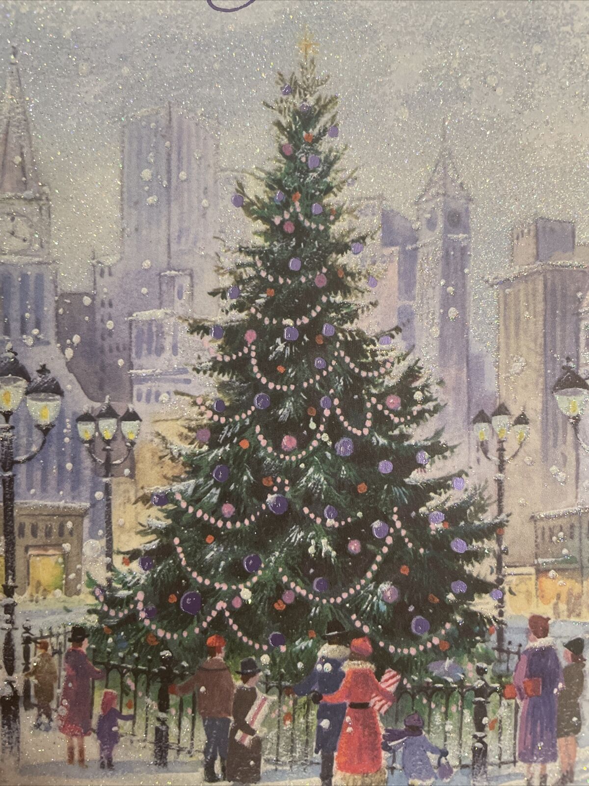 Vtg Unused Christmas Card Heavy Glitter City Street Tree Shoppers W/Env PRETTY