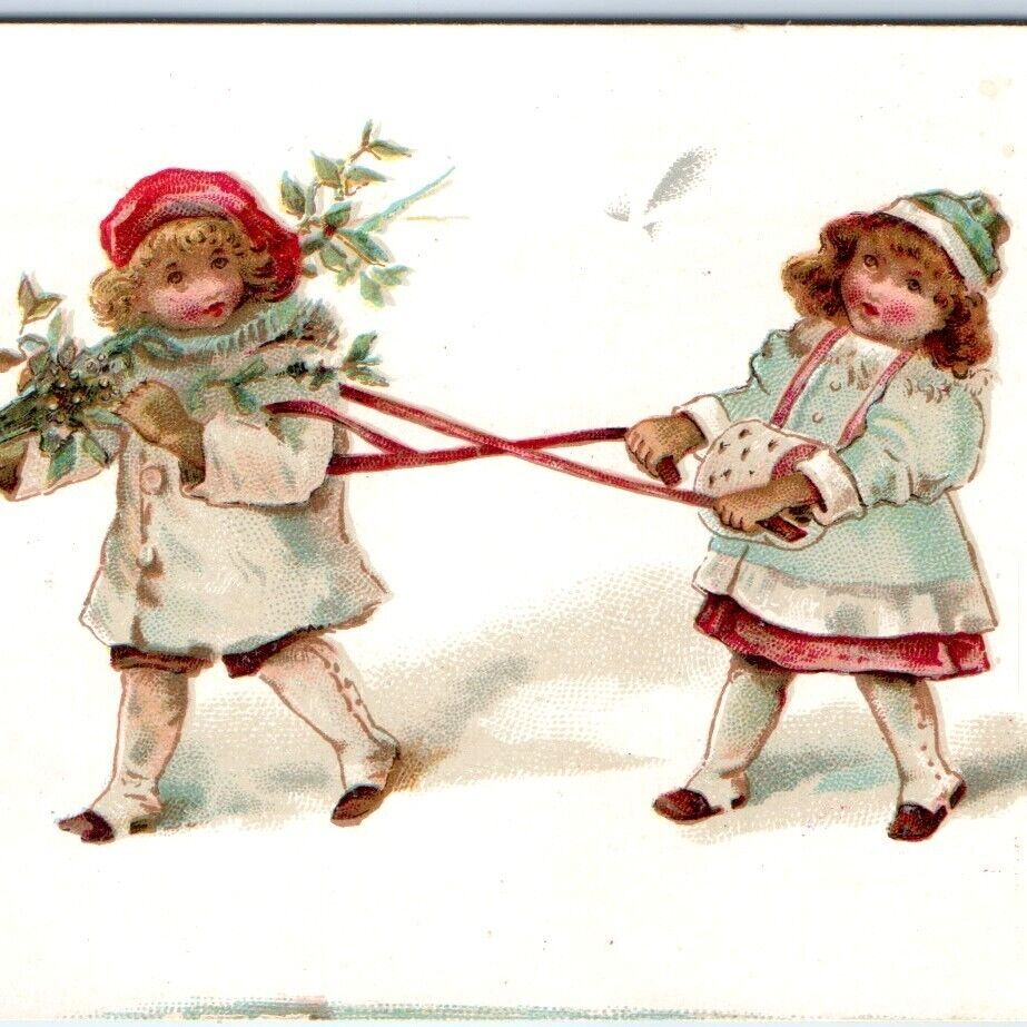 c1880s Cute Victorian Little Girls Winter Fashion Trade Card Child Leash Old C35