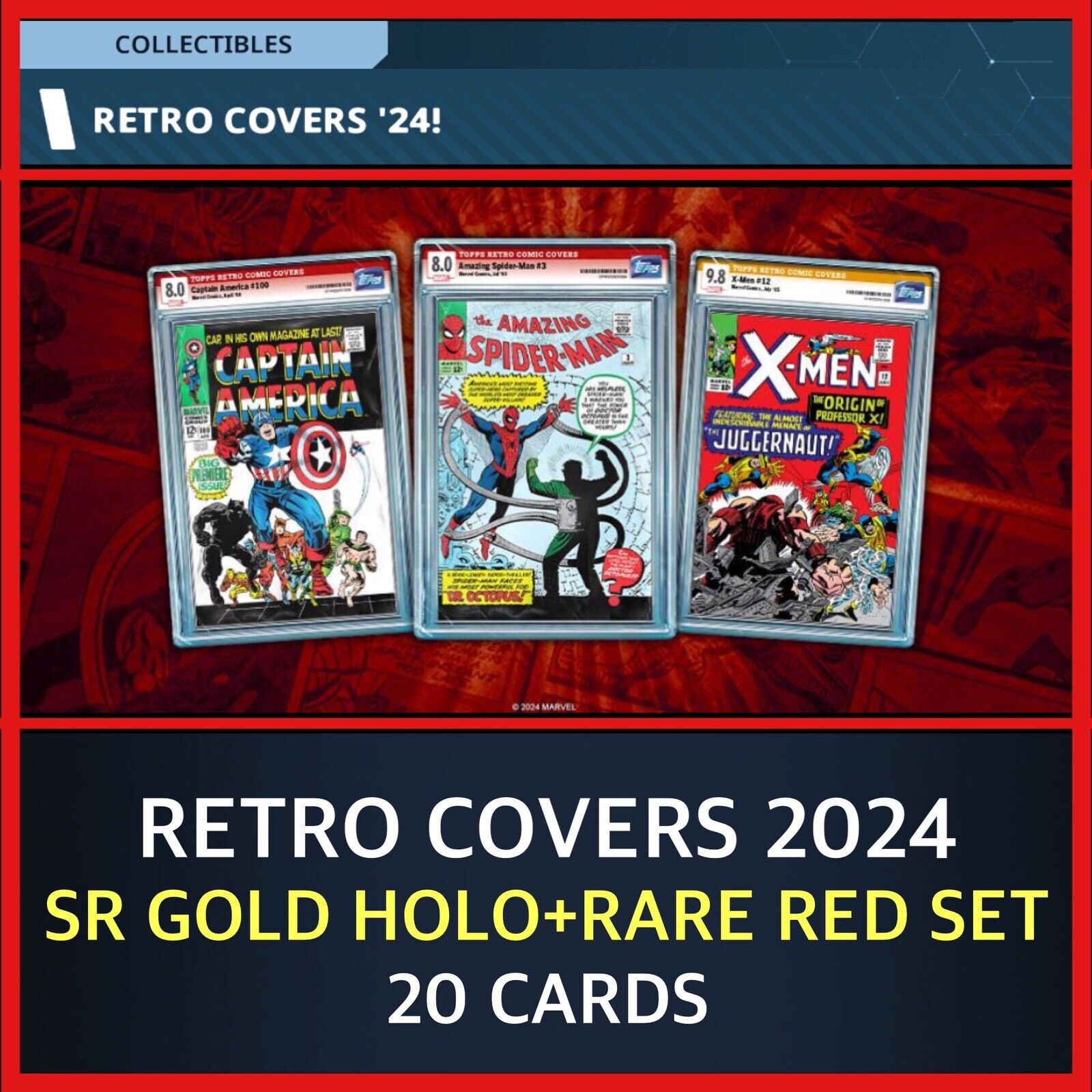 RETRO COVERS 2024-SR GOLD HOLO+RARE RED 20 CARD SET-TOPPS MARVEL COLLECT DIGITAL
