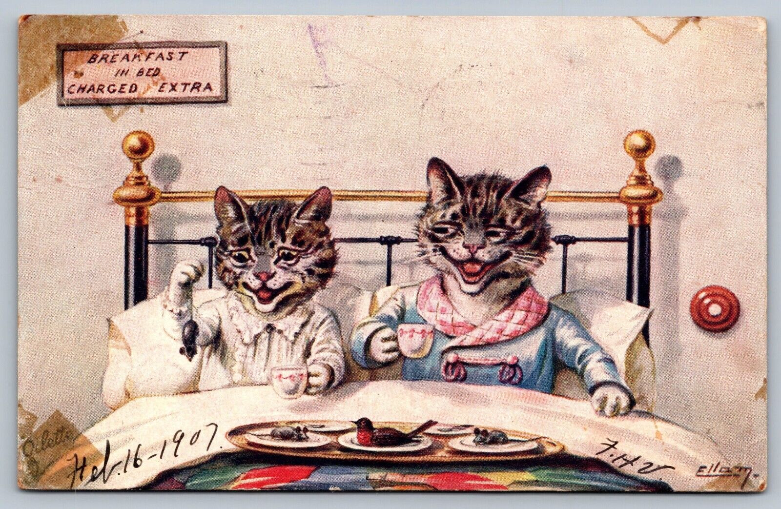 1907 postcard TUCK Cats breakfast in bed w/dead mice & bird on plates