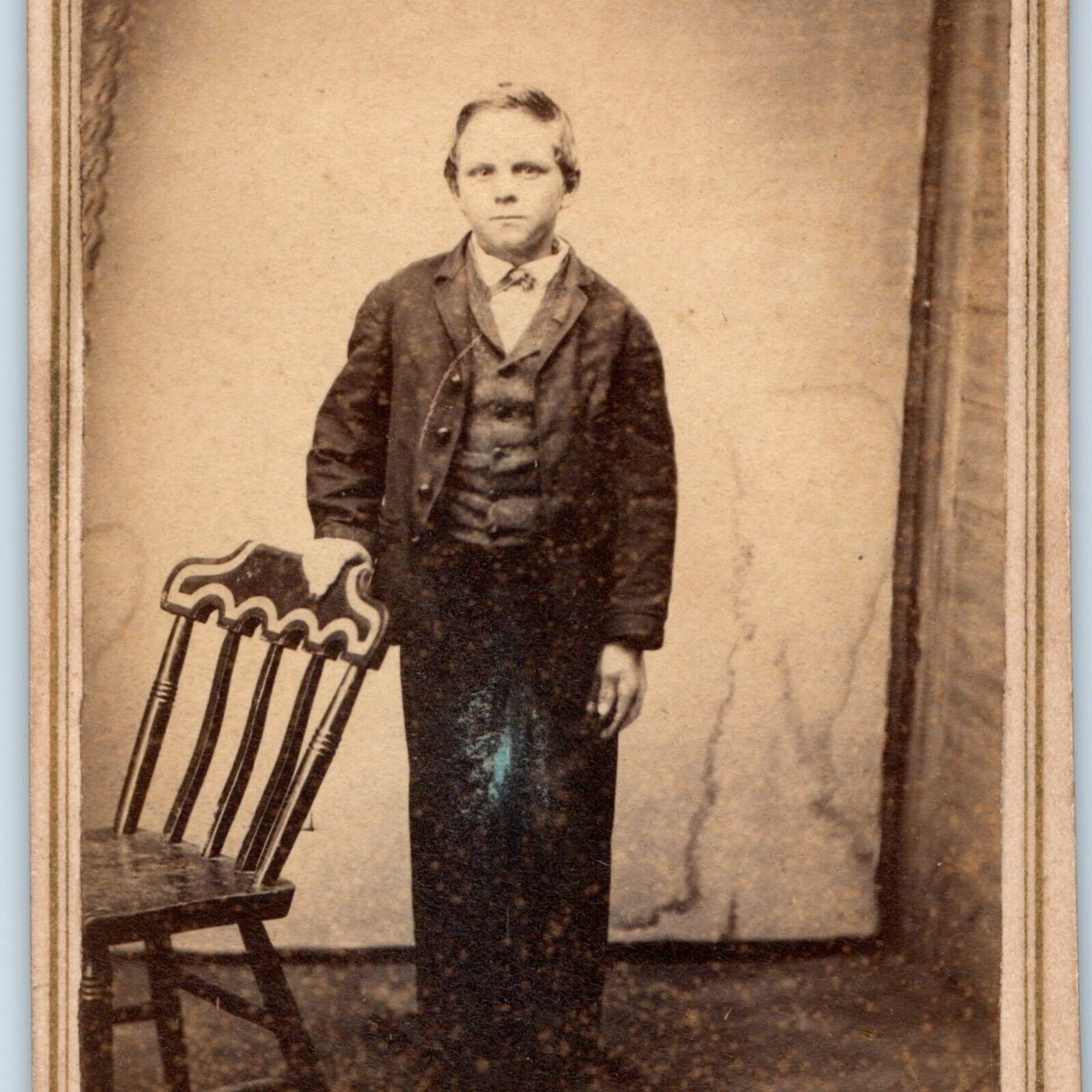 c1860s Handsome Young Man Boy Standing Suit Jacket Fashion CdV Photo Card H24