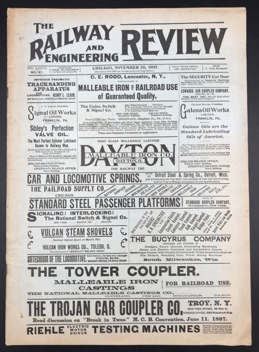 Antique November 20, 1897 Railway & Engineering Review Train Locomotive Magazine