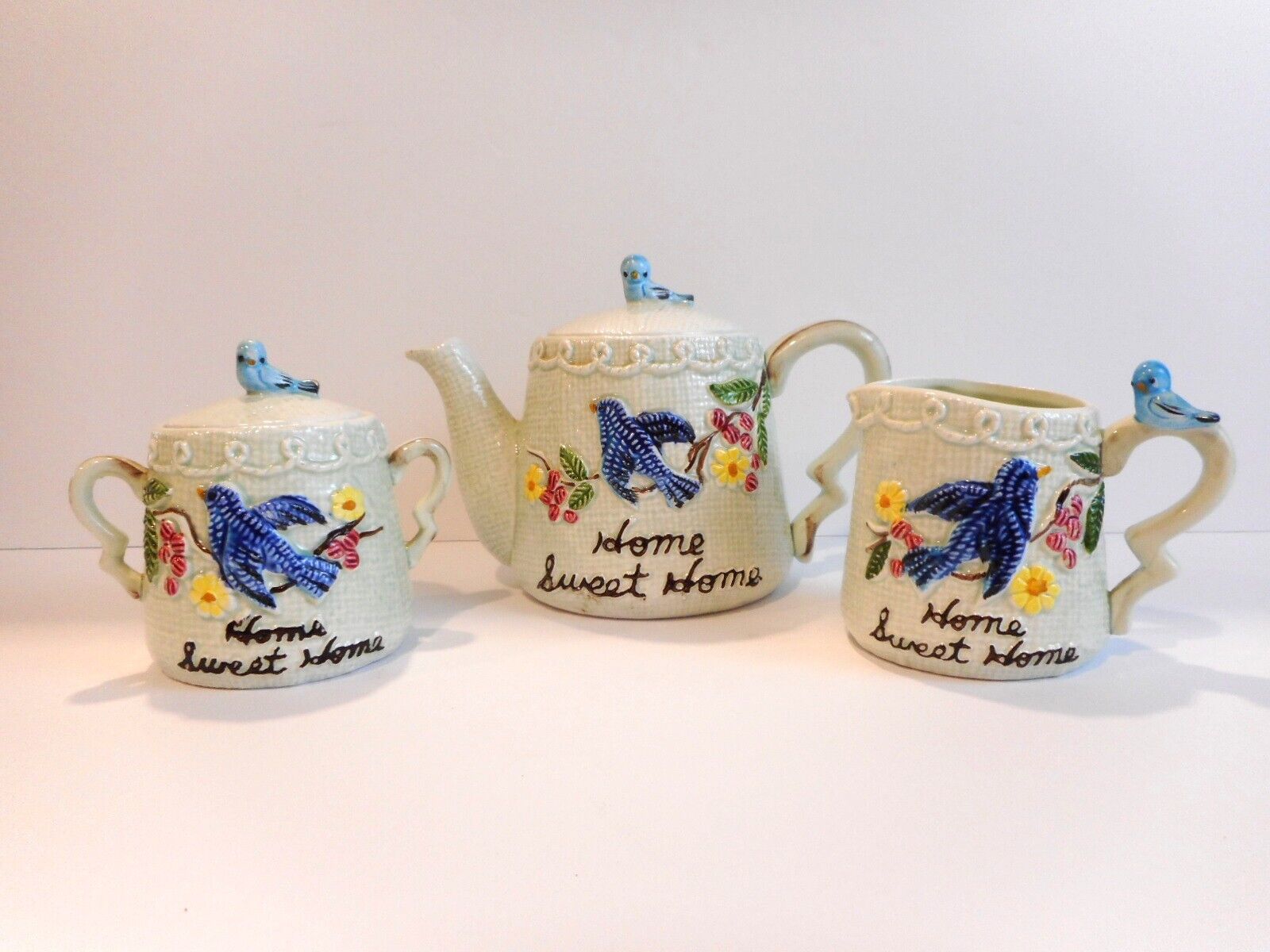 Vintage Enesco Bluebird Teapot Sugar & Creamer Set \