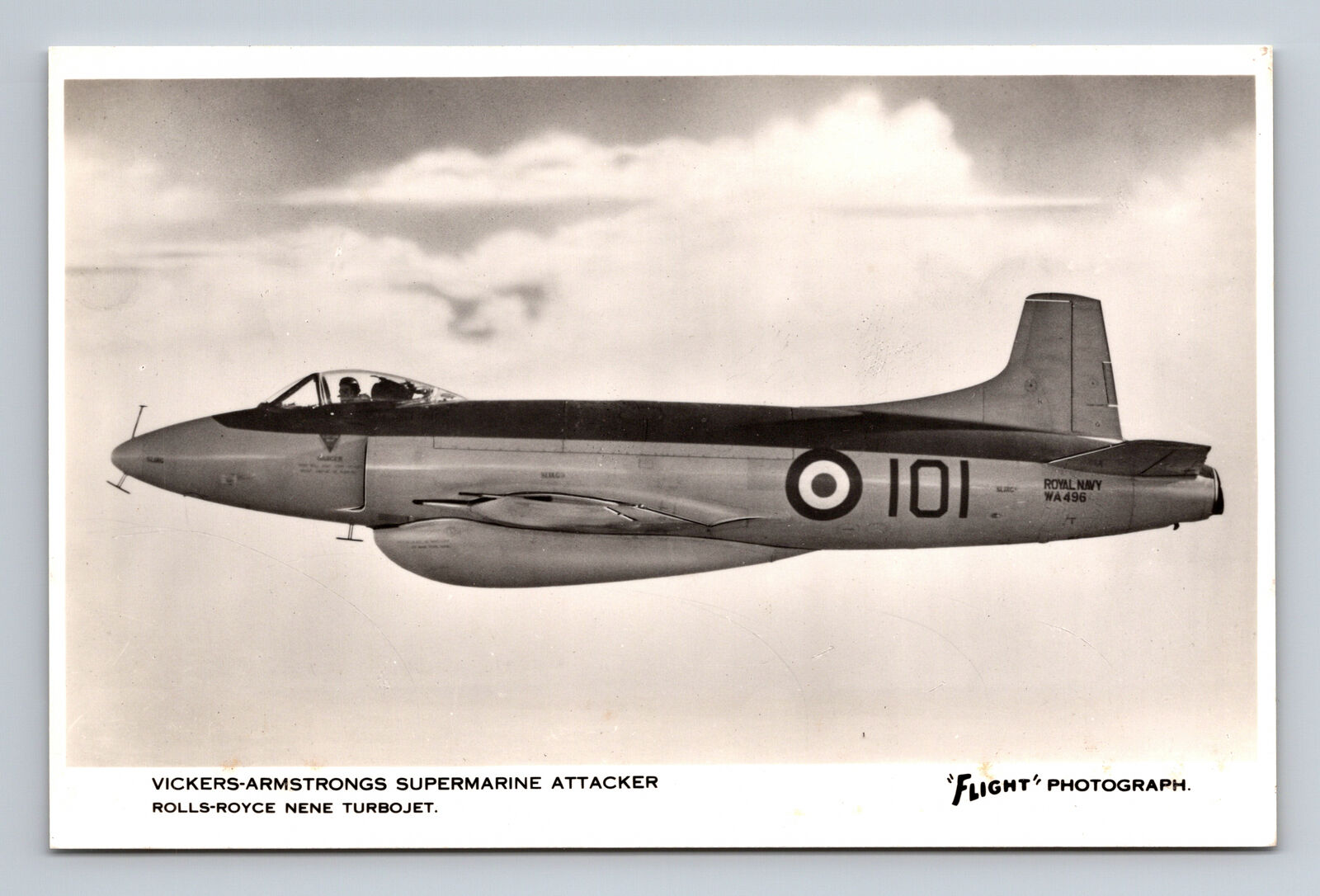 RPPC British RN Vickers Supermarine Attacker Jet FLIGHT Photograph Postcard