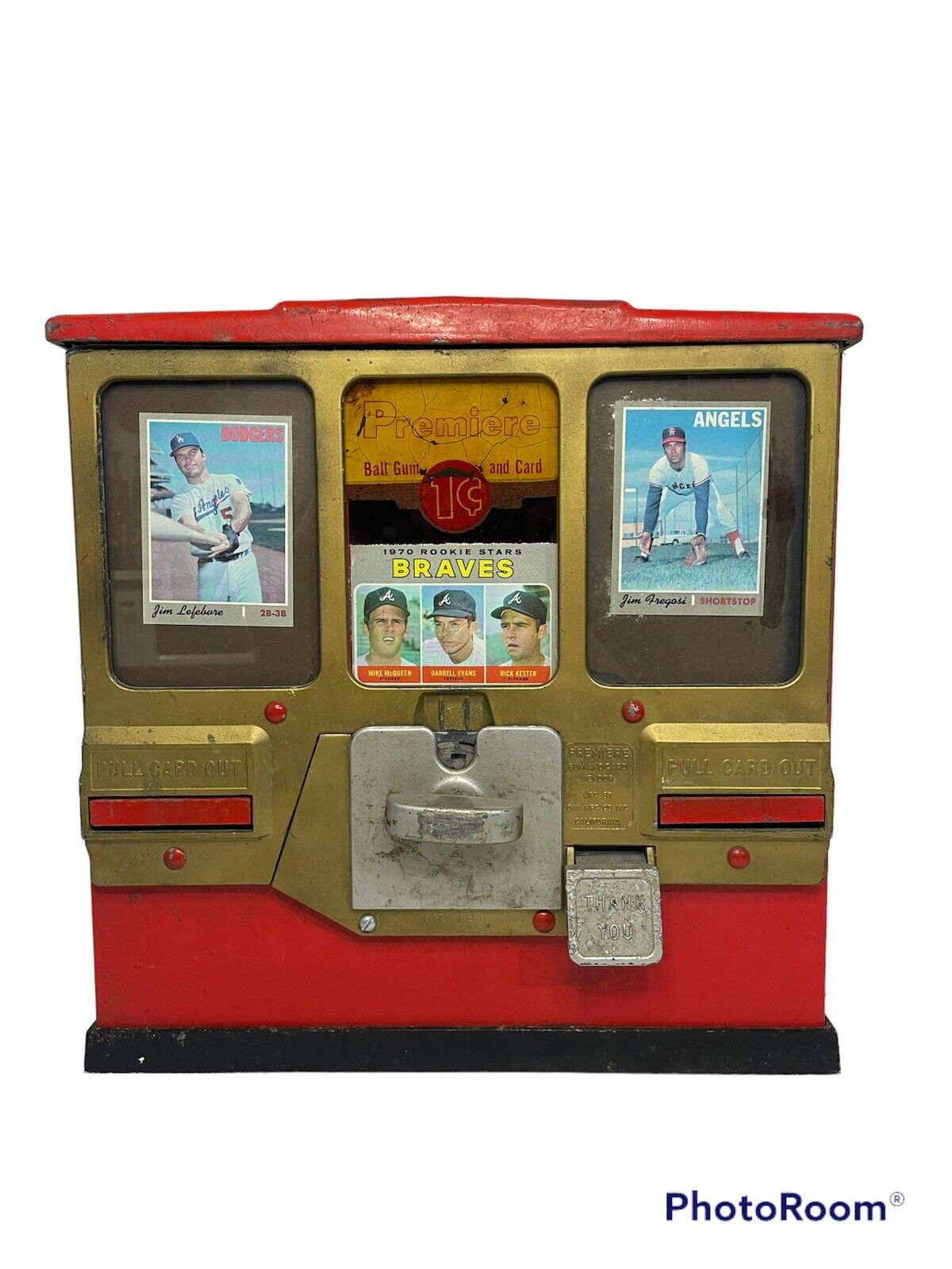 All Original 1950s Oak Premiere Baseball Card/Gumball Vending Machine