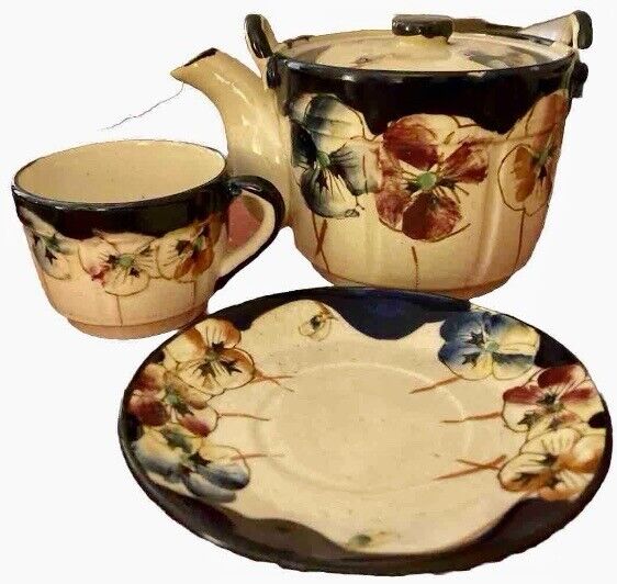 Antique hand painted tea set with pansies, circa 1900, possible origin Japan