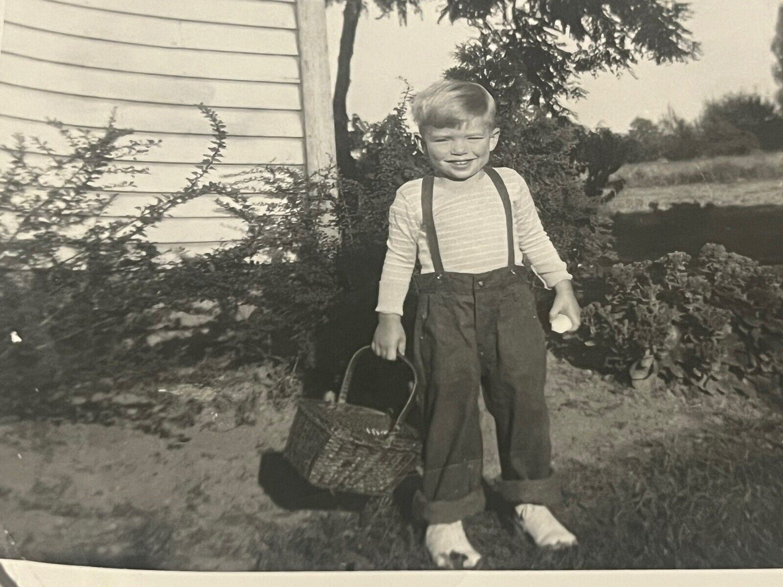 Vintage B&W Snapshot Photograph Adorable Little Boy With Basket (1955)