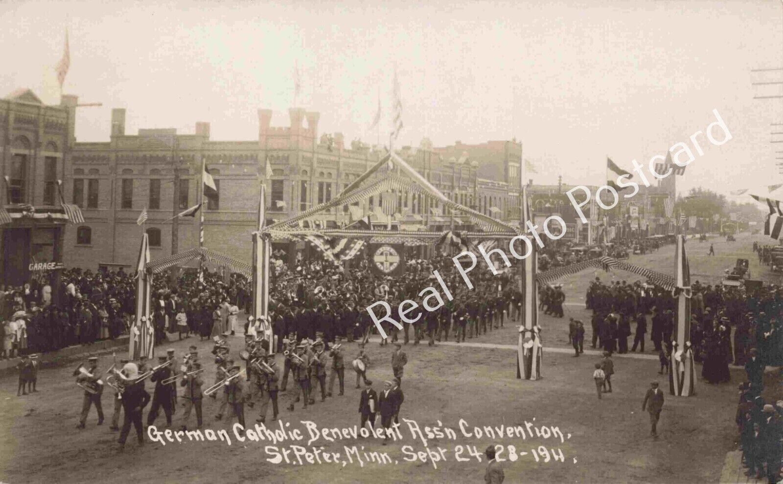 RPPC St Peter Minnesota Parade Marching Band German Catholic 1911 MN Postcard