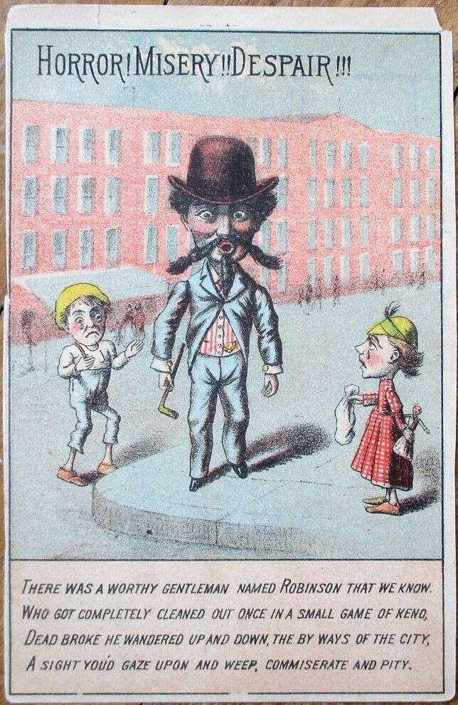 Keno Gambling Man Broke, Girl & Doll 1880s Victorian Trade Card - Color Litho