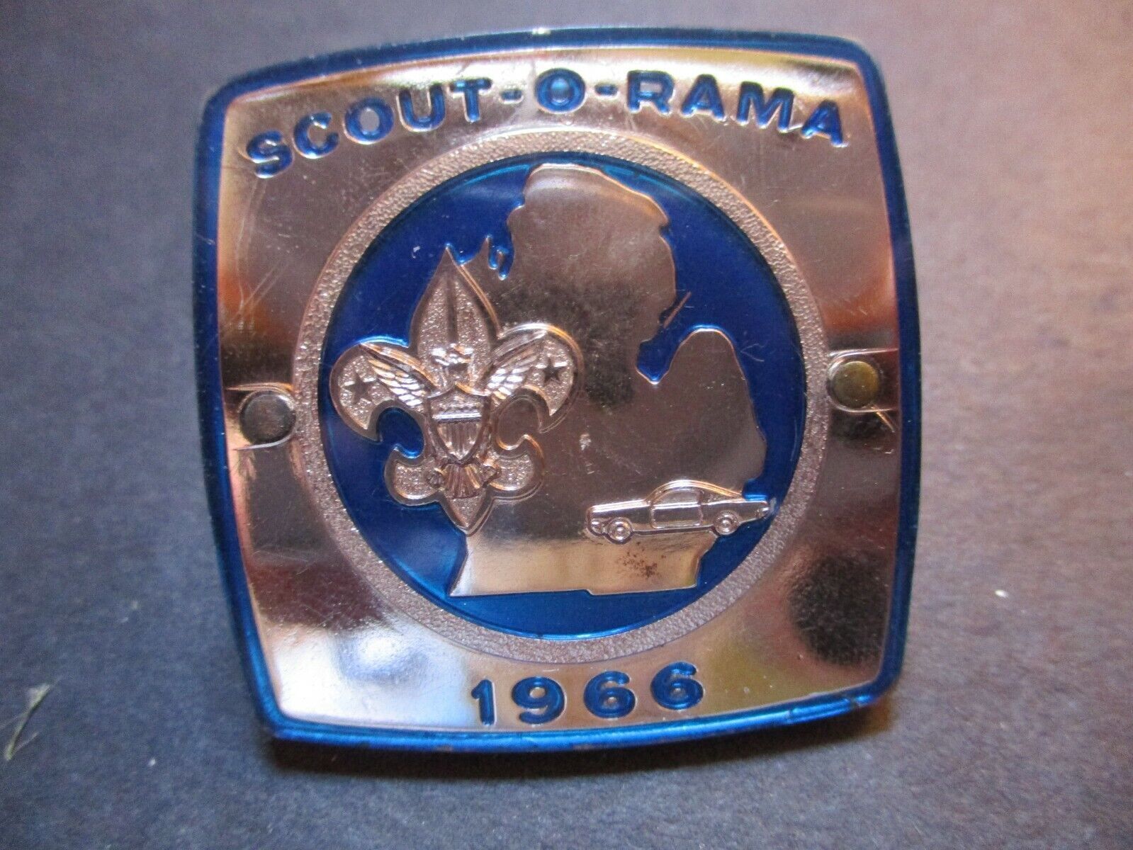 1966 Scout-O-Rama blue and silver BSA plastic boy scout neckerchief slide