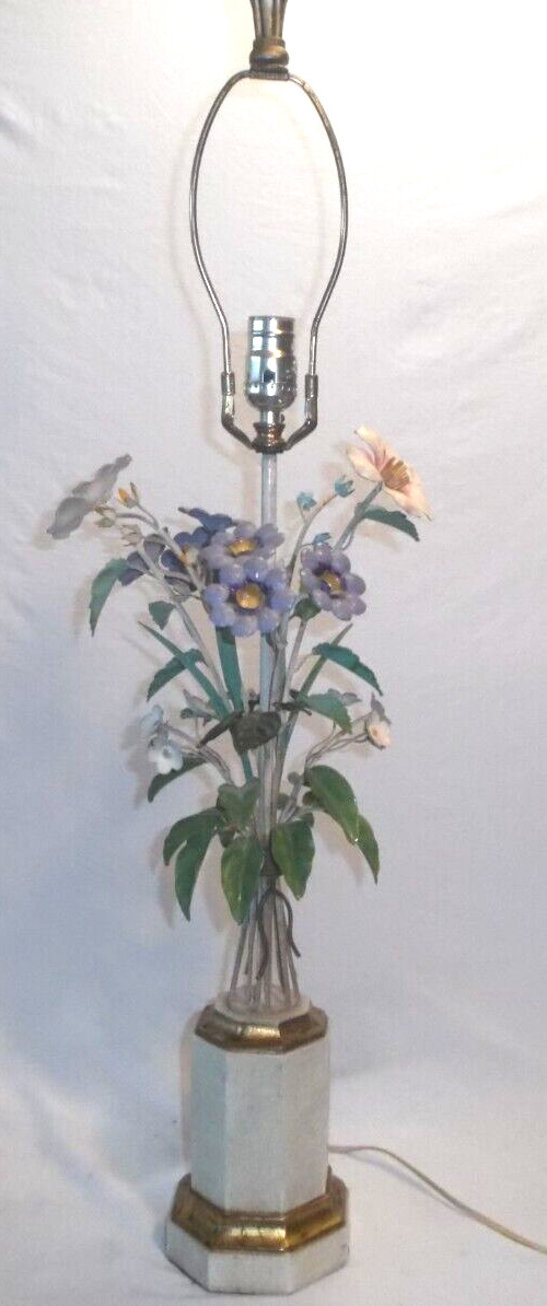 Vintage 1960s Italian Floral Metal Tole Table Lamp With Gold Gilt Wood Base