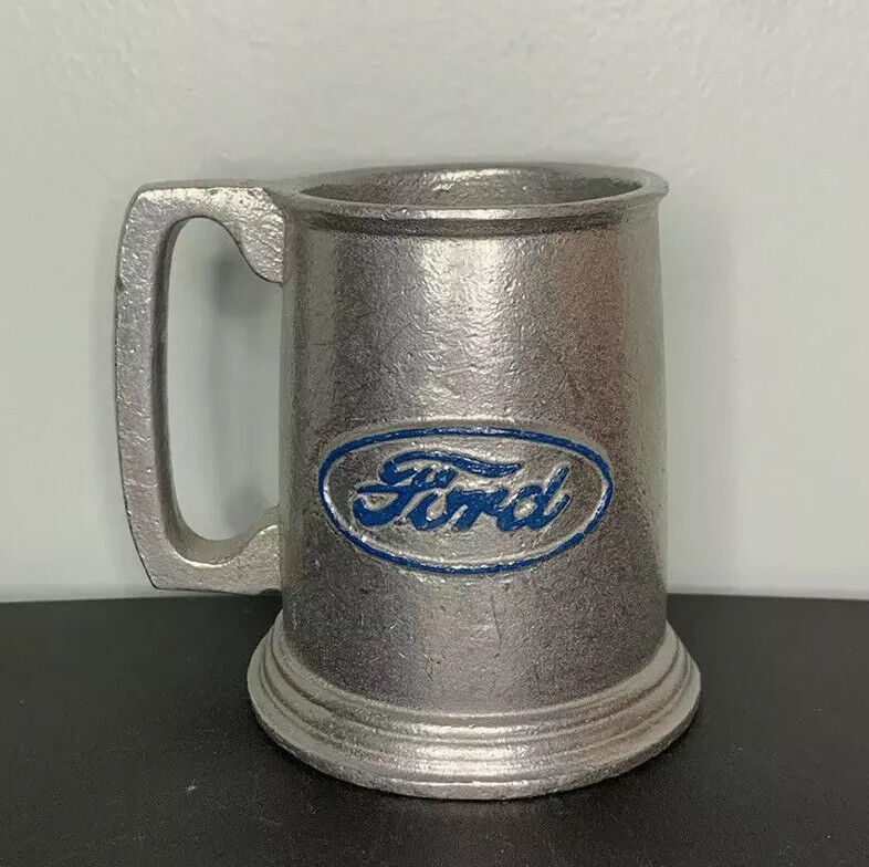 Vtg Western Metal Blue Ford Pewter Drinking Mug USA 4.5” Logo Engraving Embossed