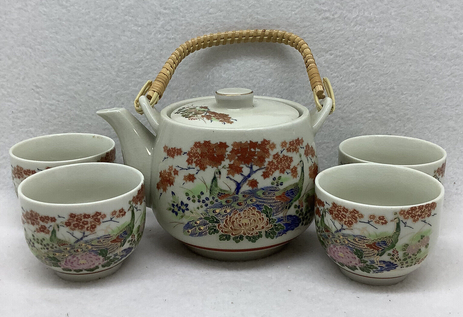 Vintage 6 pc. Satsuma Teapot Set Peacock Peonies with Bamboo Handle - Japan 