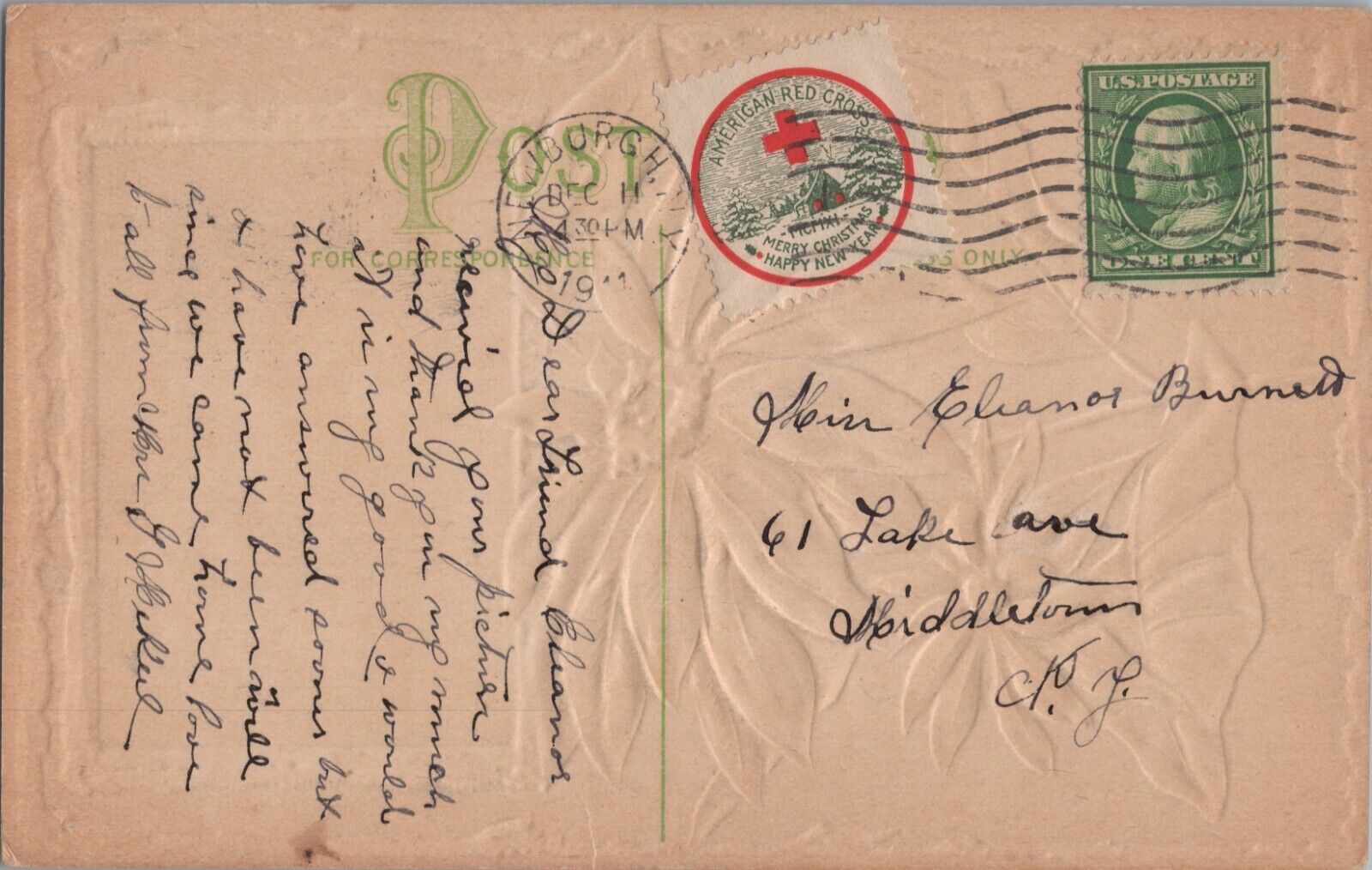 1911 Christmas Seal Tied to Postcard Poinsettia Flower
