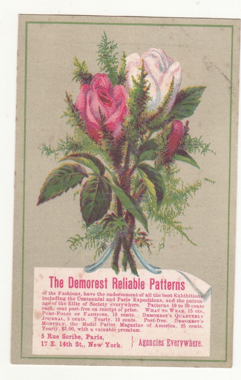 Demorest Reliable Patterns New York Posy of Rose Buds Vict Card c1880s